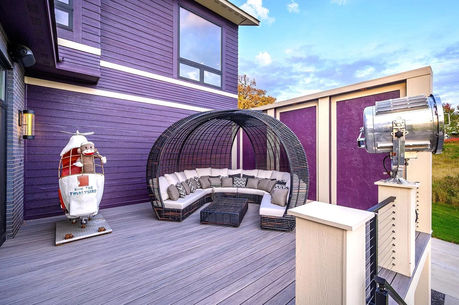 A deck with purple walls.