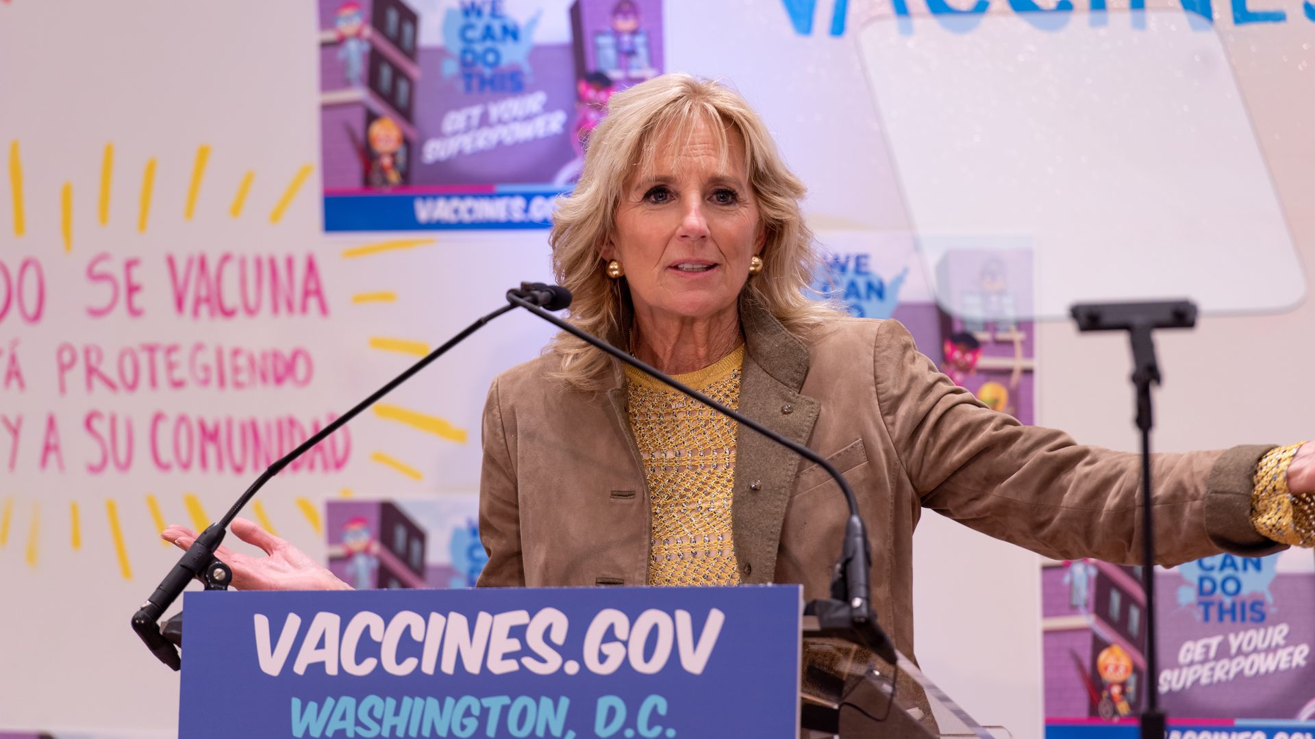 First lady Jill Biden is seen speaking at a vaccination clinic in Washington, D.C.