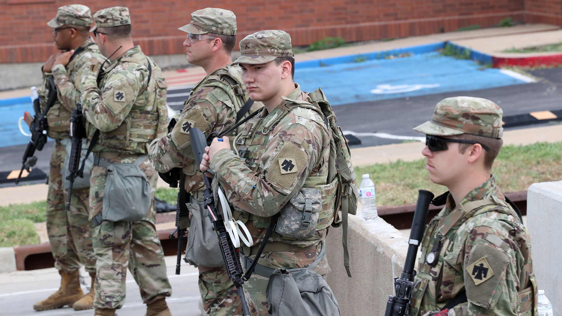 Members of the Oklahoma National Guard are on standby ahead of a campaign rally for a U.S. President Donald Trump at the BOK Center, June 20, 2020 in Tulsa, Oklahoma