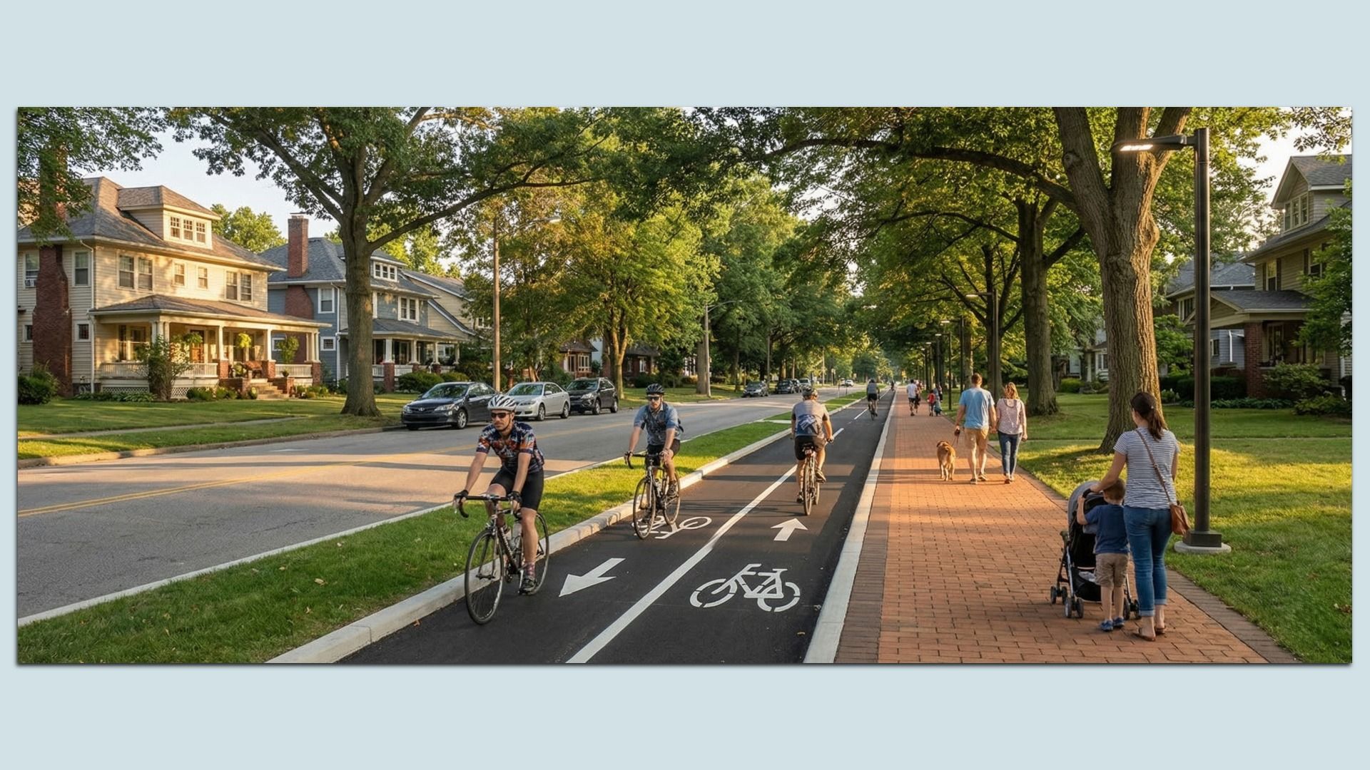 Suburban street scene with a dedicated bike lane and brick-paved sidewalk. Cyclists ride in the marked lane as pedestrians stroll and a dog walker passes; trees shade the row of houses.