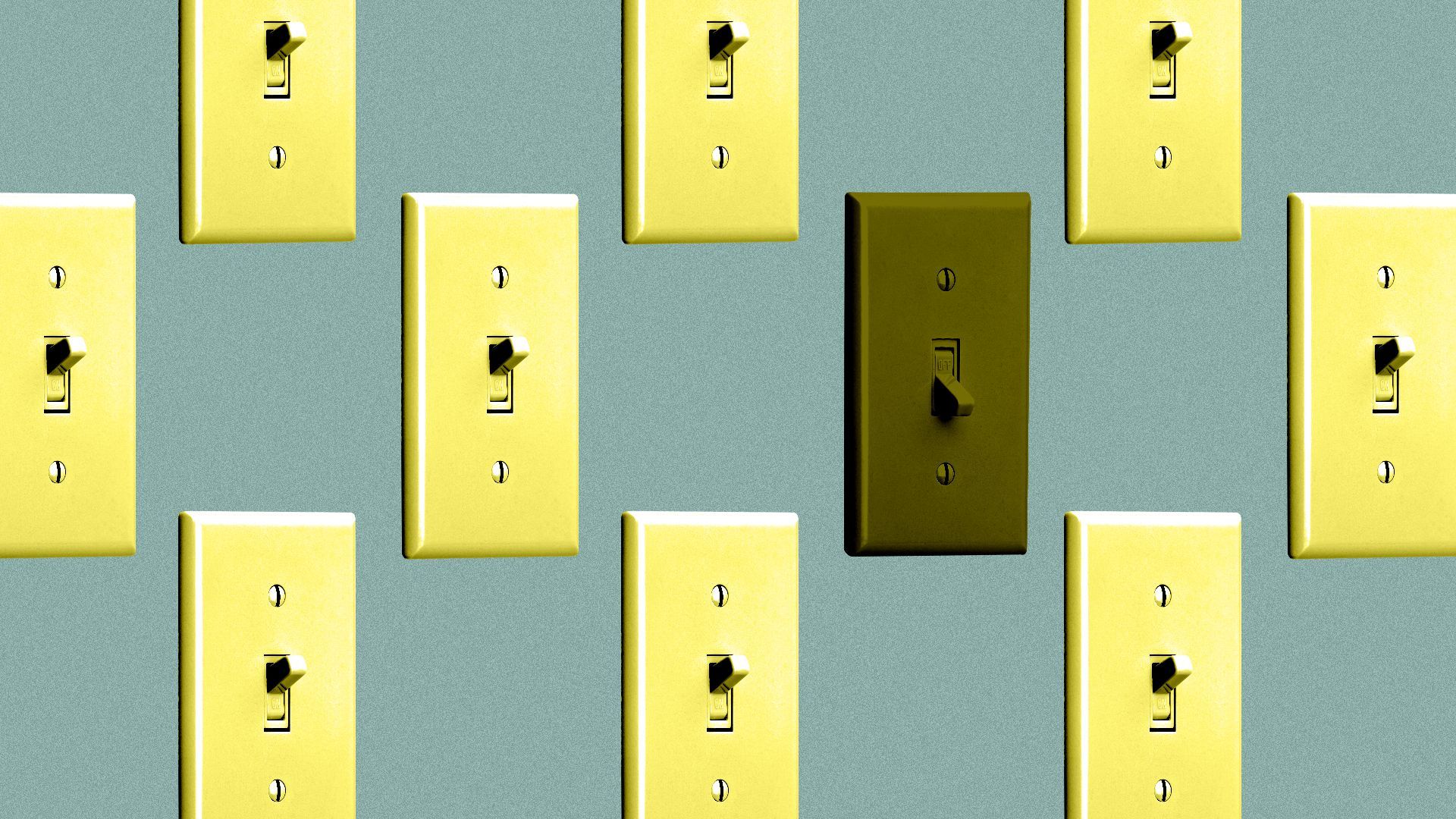 Illustration of a pattern of light switches, all of them turned on except one.