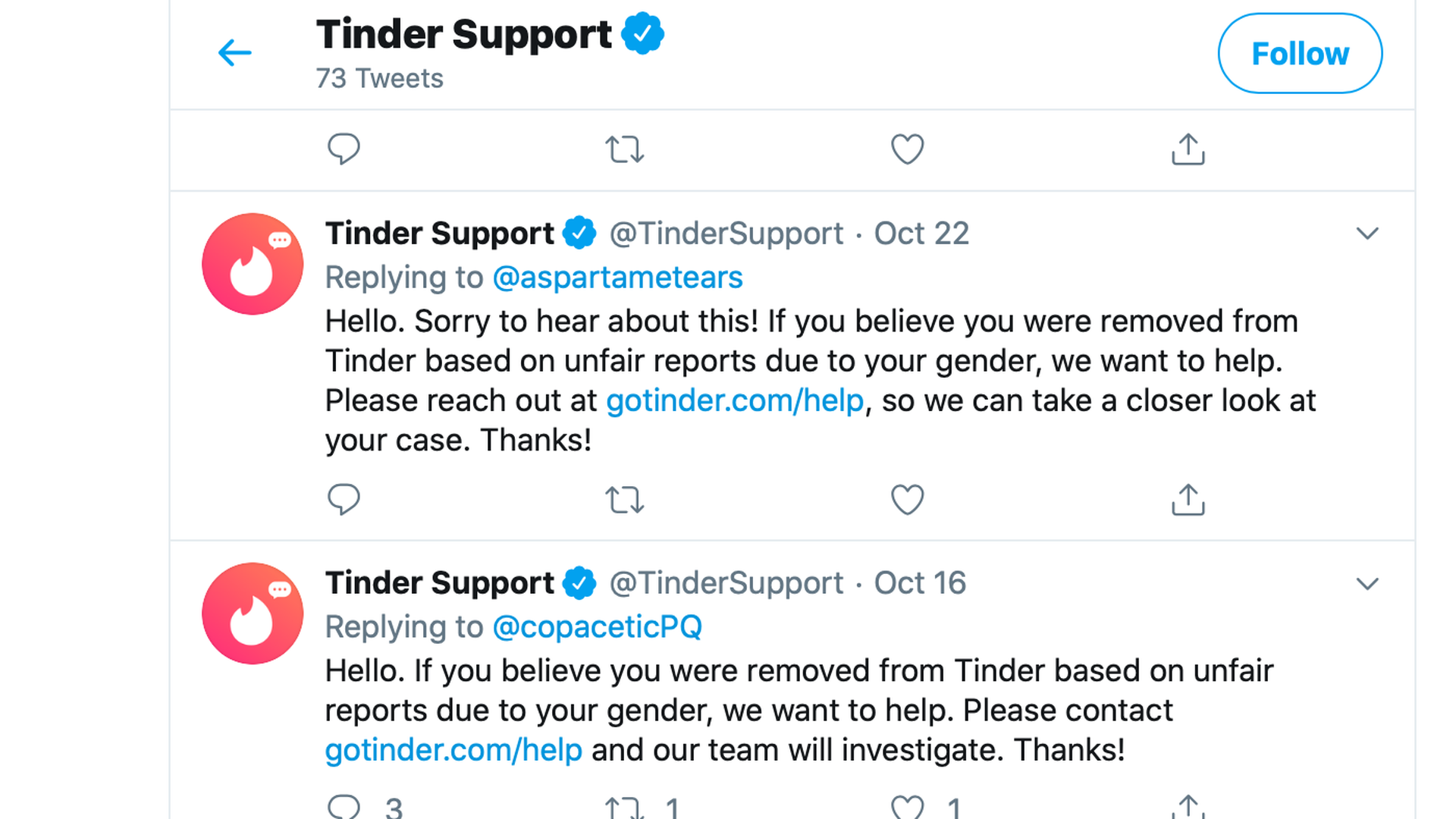 A screenshot of the Tinder Support Twitter account