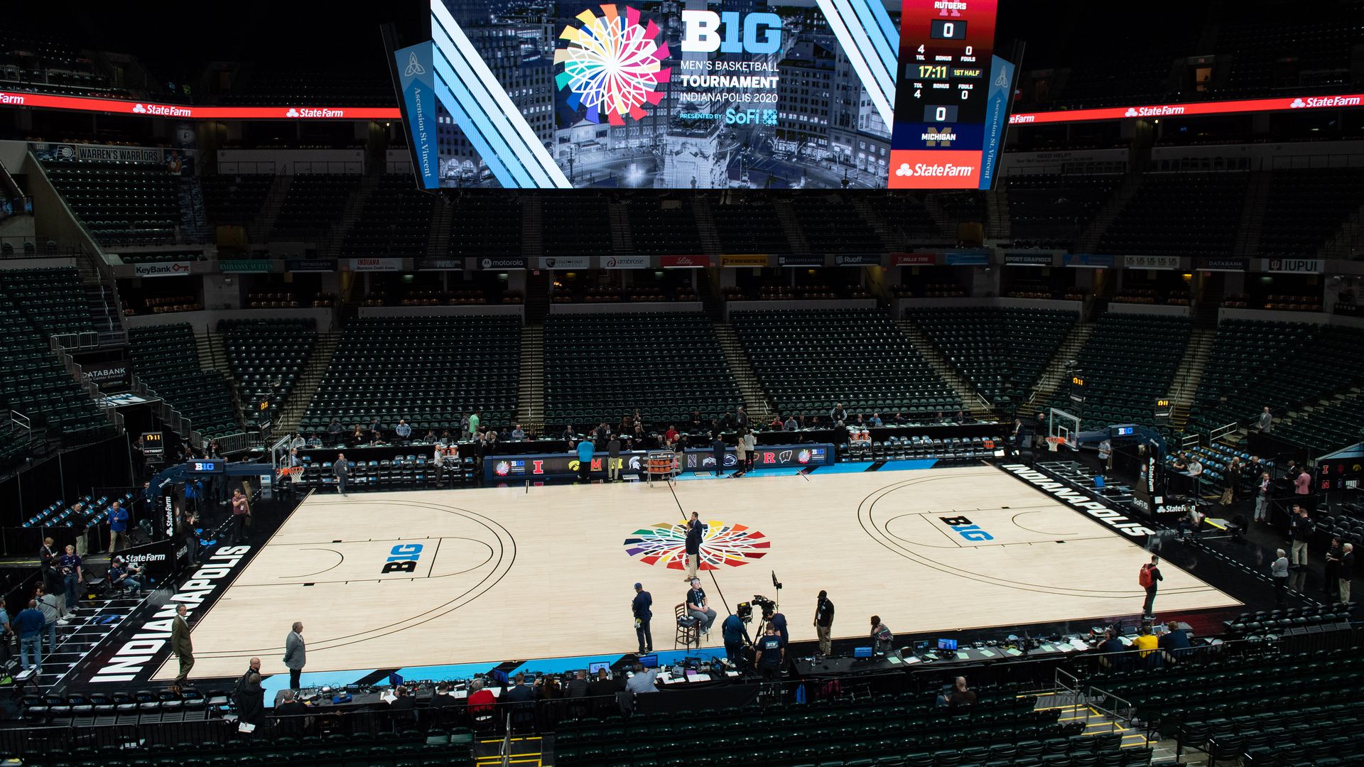 Empty interior after the Big Ten cancelled due to the impact of concerns over the Coronavirus disease (COVID-19) during the men's Big Ten Tournament basketball game between the Michigan Wolverines and Rutgers Scarlet Knights on March 12, 2020, at Bankers Life Fieldhouse in Indianapolis, IN. 