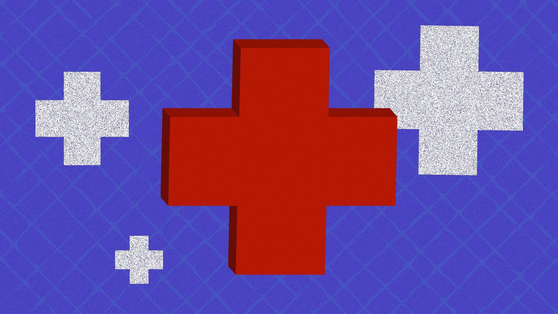 Illustration of a health plus in front of a criss-cross pattern surrounded by smaller plusses. 