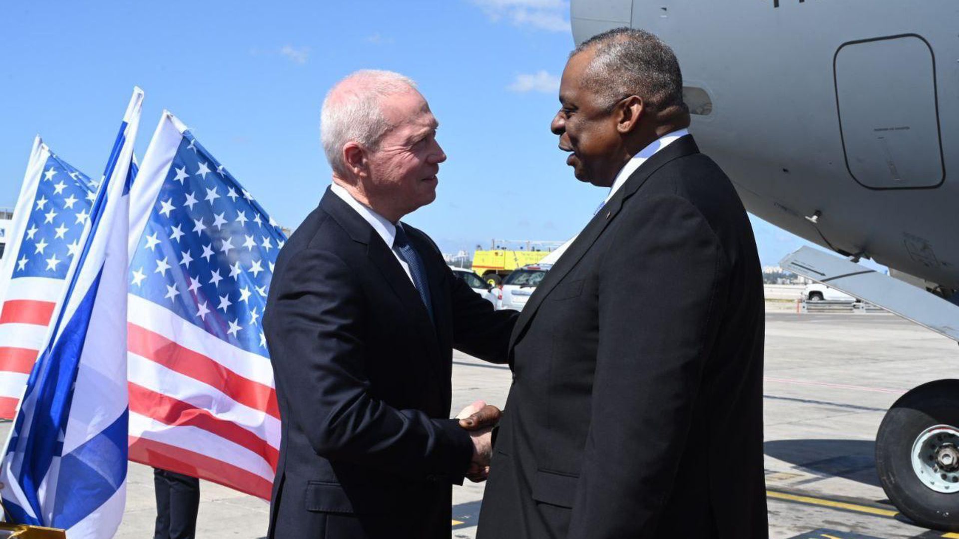 Israeli Defense Minister Yoav Gallant greets U.S. Defense Secretary Lloyd Austin at Ben Gurion International Airport on March 9. Photo: Handout/Israel's Ministry of Defense/Anadolu Agency via Getty Images