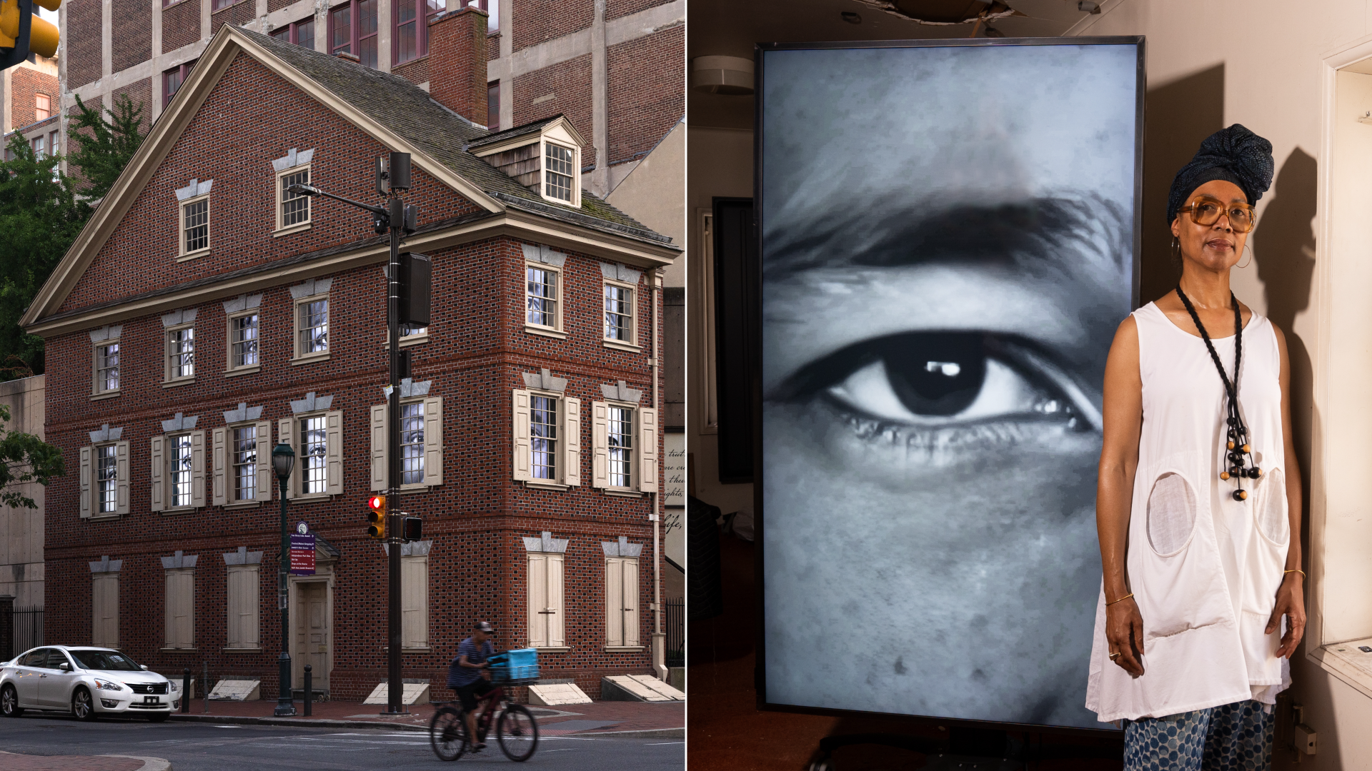 From left to right: Declaration House in Philadelphia; artist Sonya Clark standing next to a photo of an eye of a person from her new exhibit, "The Descendants of Monticello."