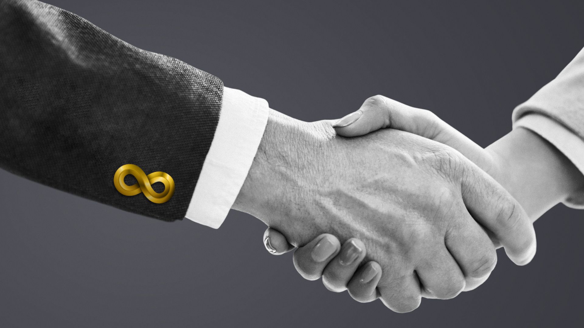 Illustration of two hands shaking with a gold infinity cufflink on one sleeve.