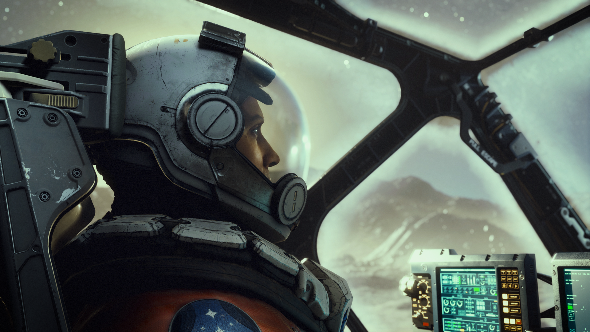 Screenshot of an astronaut sitting in a spaceship that appears to have landed on a new planet