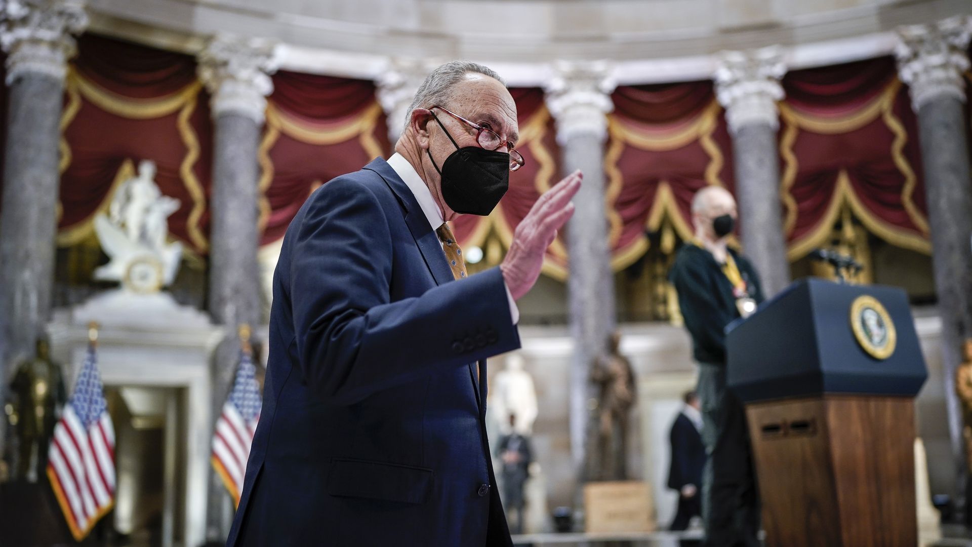 Senate Majority Leader Chuck Schumer, arrives for a ceremony on the first anniversary of the deadly insurrection at the U.S. Capitol in Washington, D.C., U.S., on Thursday, Jan. 6, 2022