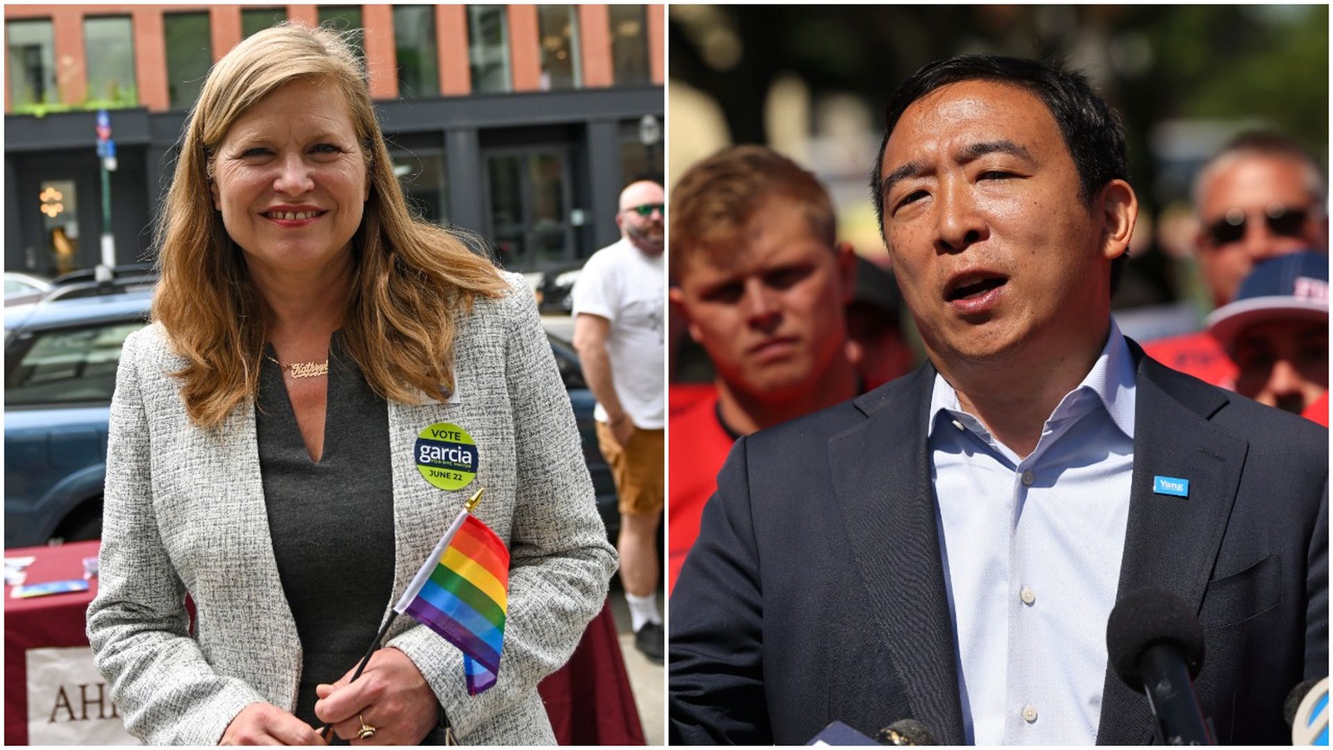  Combination images of New York City mayoral candidates Kathryn Garcia and Andrew Yang out campaigning