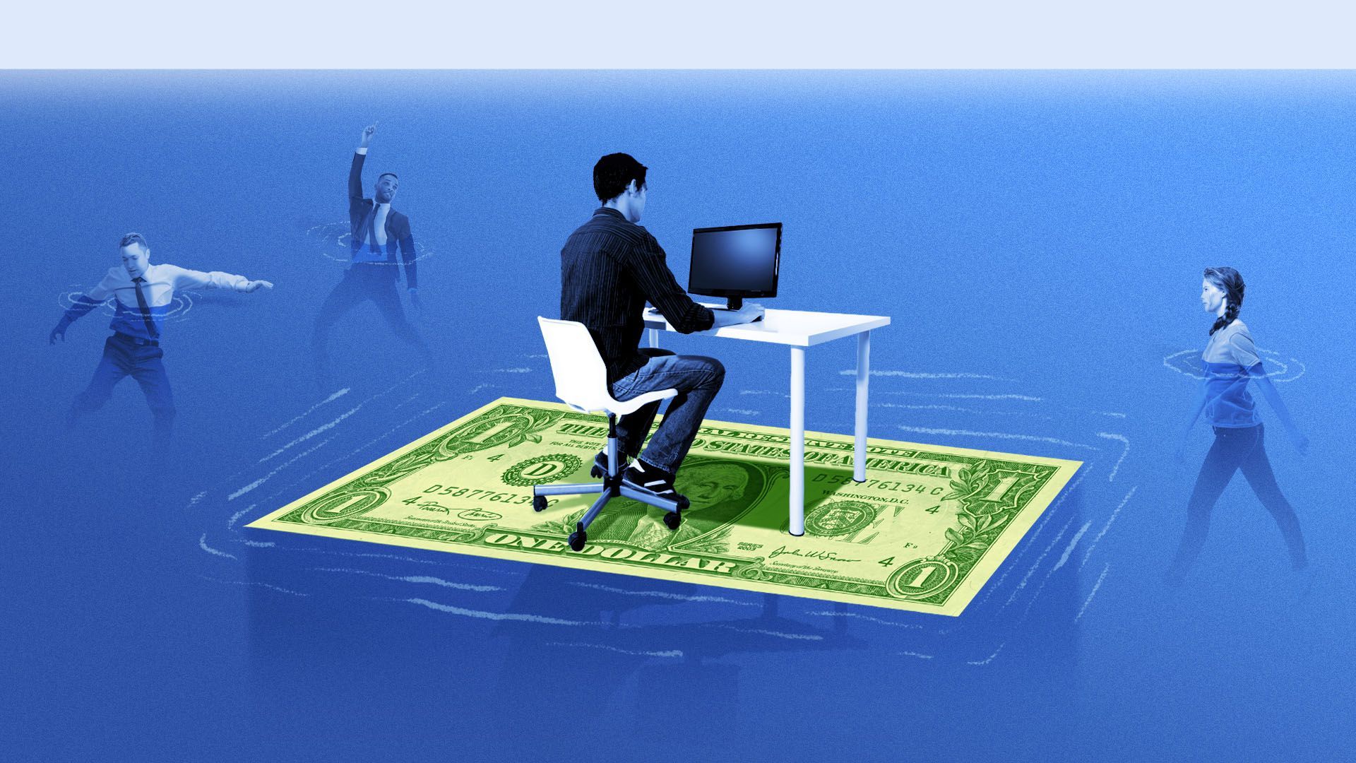 Illustration of a person at a office desk floating on a giant dollar in the ocean, with other people floating in the water