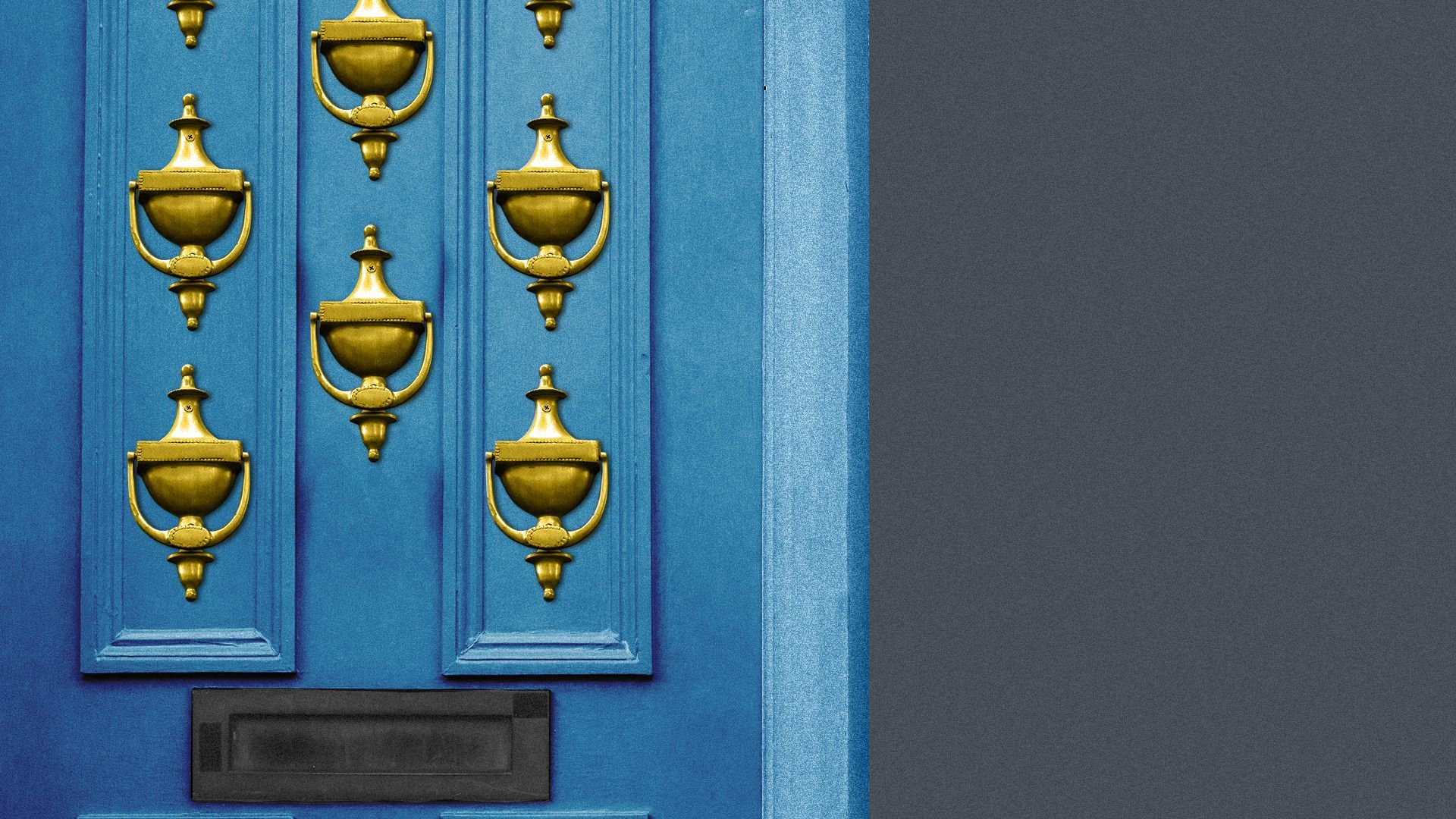 Illustration of a door with multiple door knockers.