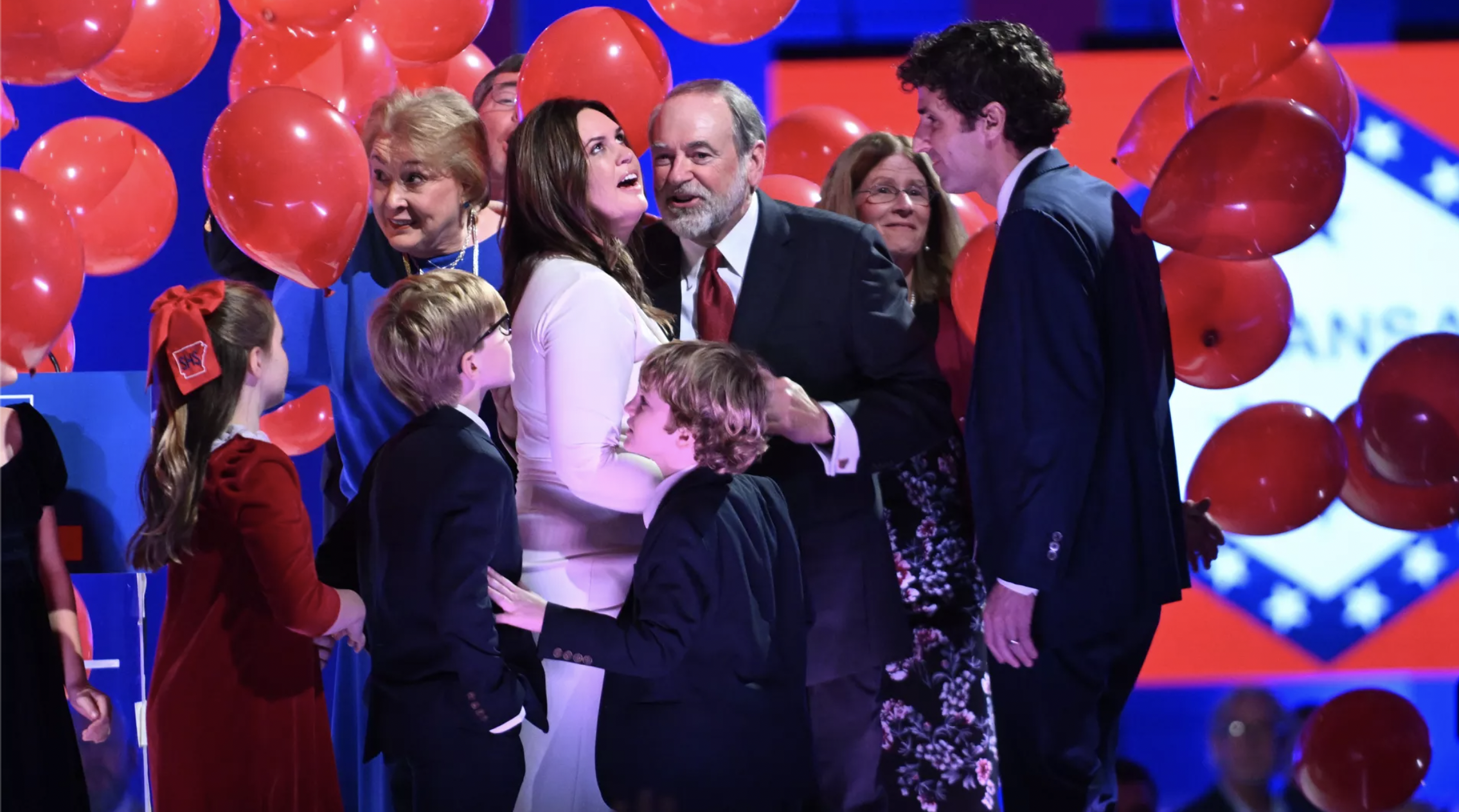 Sarah Huckabee Sanders with her family on Nov. 8, 2022 after giving her gubernatorial acceptance speech. 