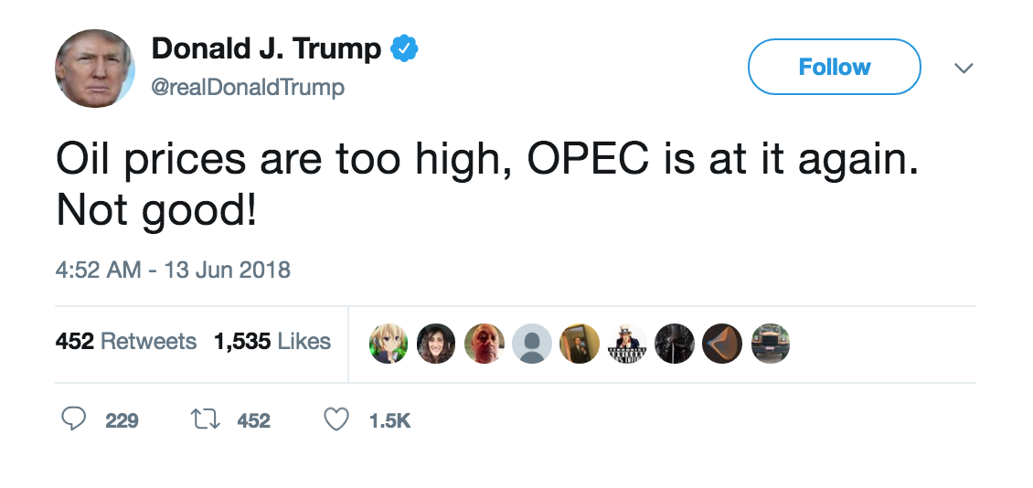 President Trump tweet from this morning on OPEC prices too high