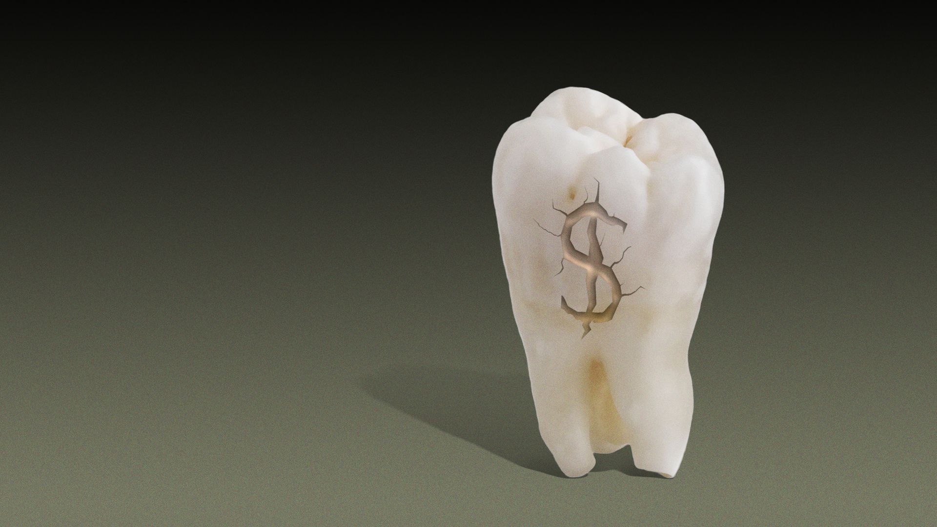 A tooth with a crack shaped like a dollar sign.