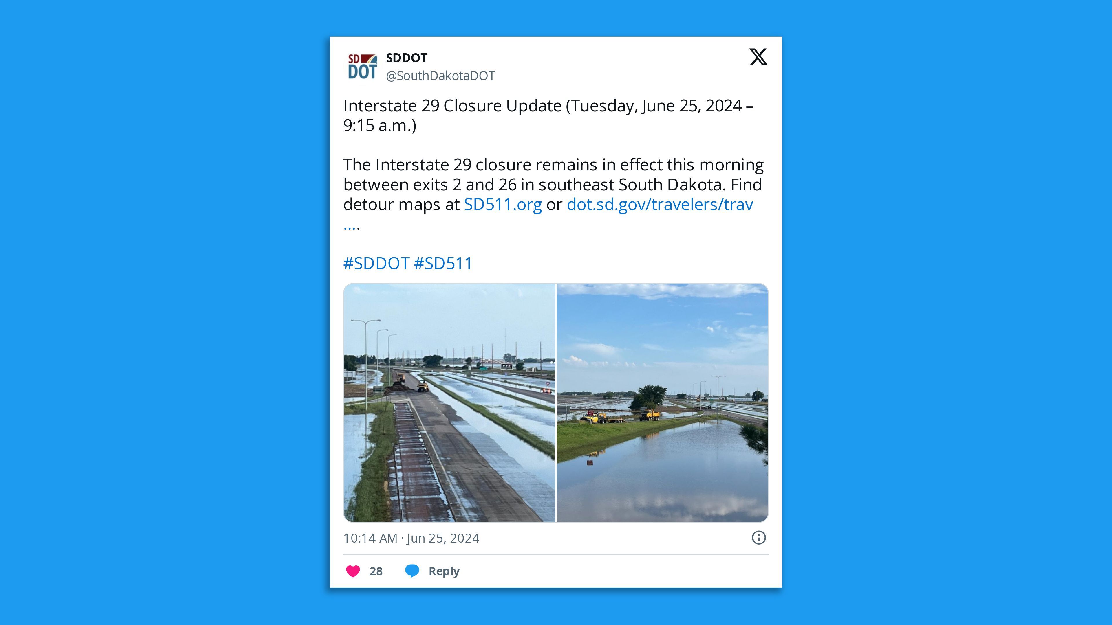 Two DOT Twitter photos showing a flooded Interstate 29 in South Dakota, saying: "Interstate 29 Closure Update (Tuesday, June 25, 2024 – 9:15 a.m.)  The Interstate 29 closure remains in effect this morning between exits 2 and 26 in southeast South Dakota. Find detour maps at https://SD511.org "