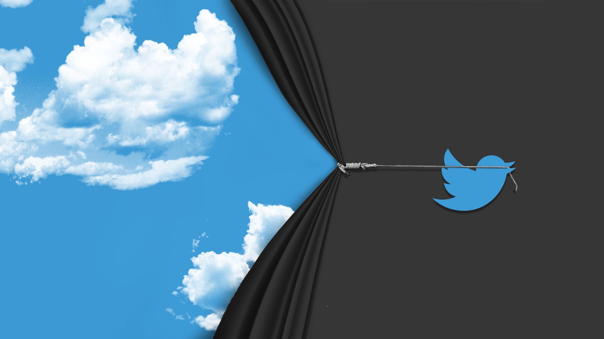 The Twitter logo bird pulling the curtain