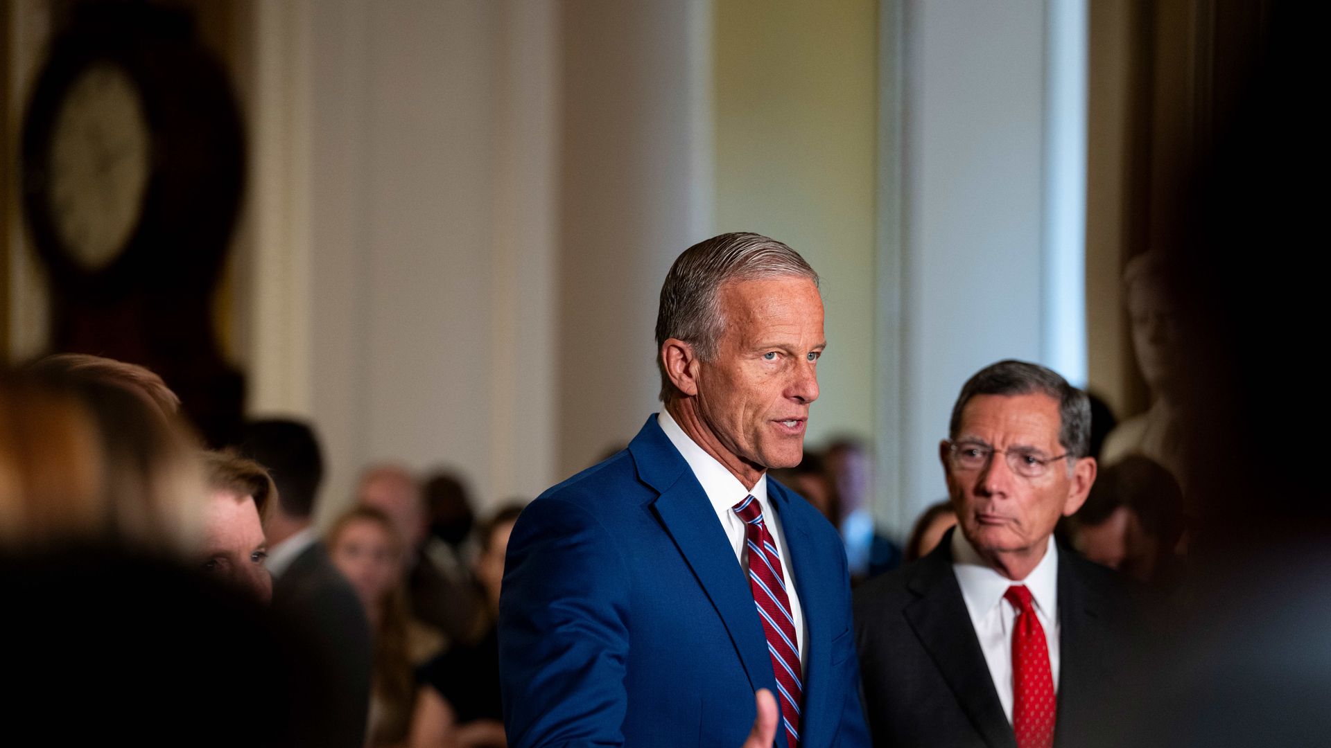 r John Thune, a Republican from South Dakota, center, and Senator John Barrasso, a Republican from Wyoming, during a news conference following the weekly Senate Republican policy luncheon at the US Capitol in Washington, DC, US, on Tuesday, Aug. 4, 2026. 