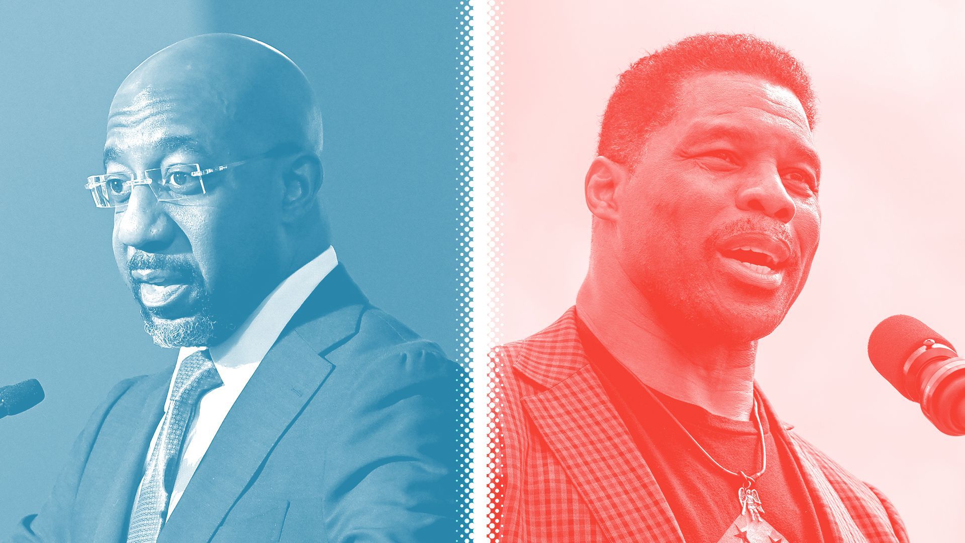 Photo illustration of Raphael Warnock tinted blue and Herschel Walker tinted red separated by a white halftone divider.