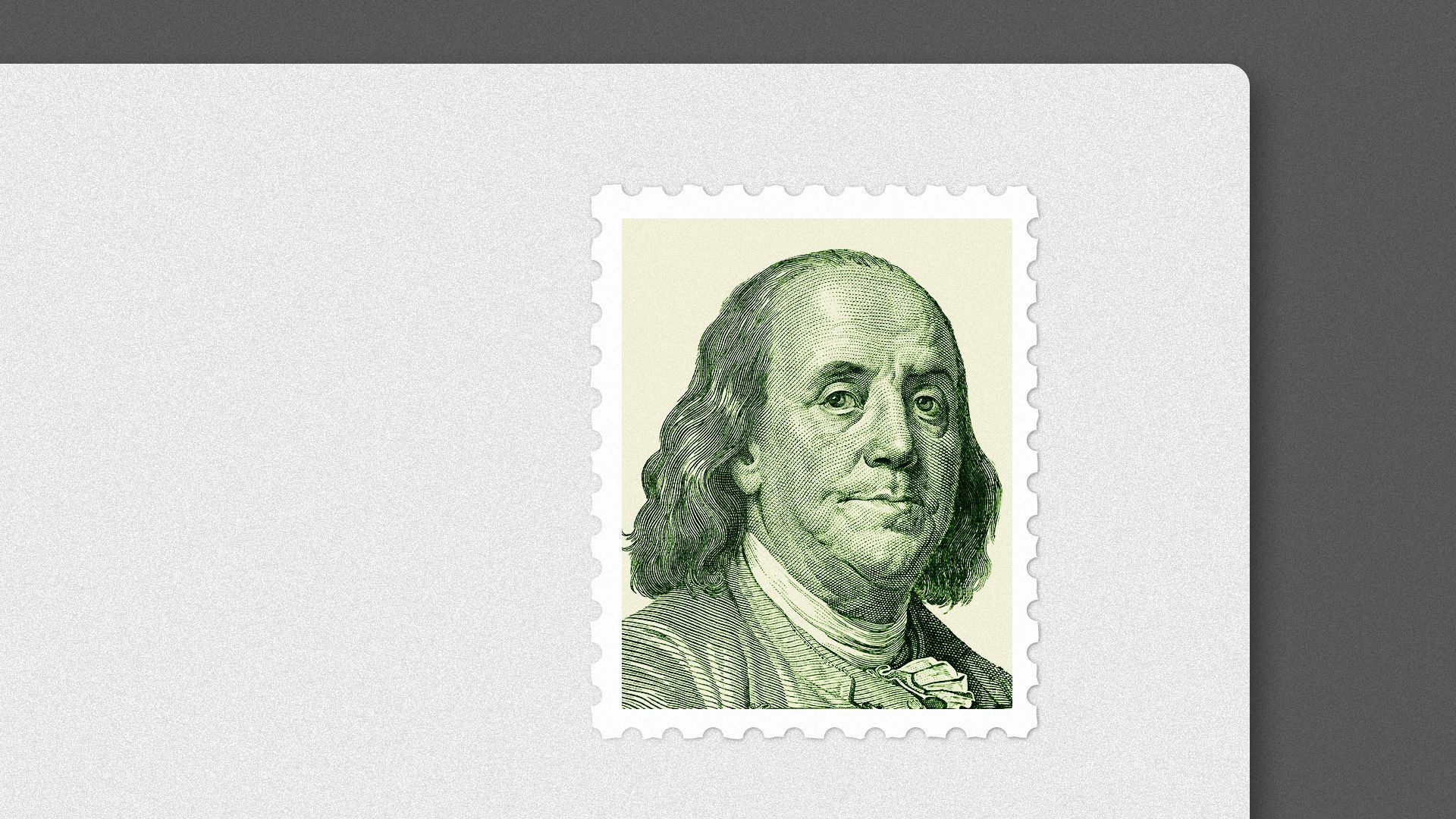 Illustration of Benjamin Franklin on a postage stamp.