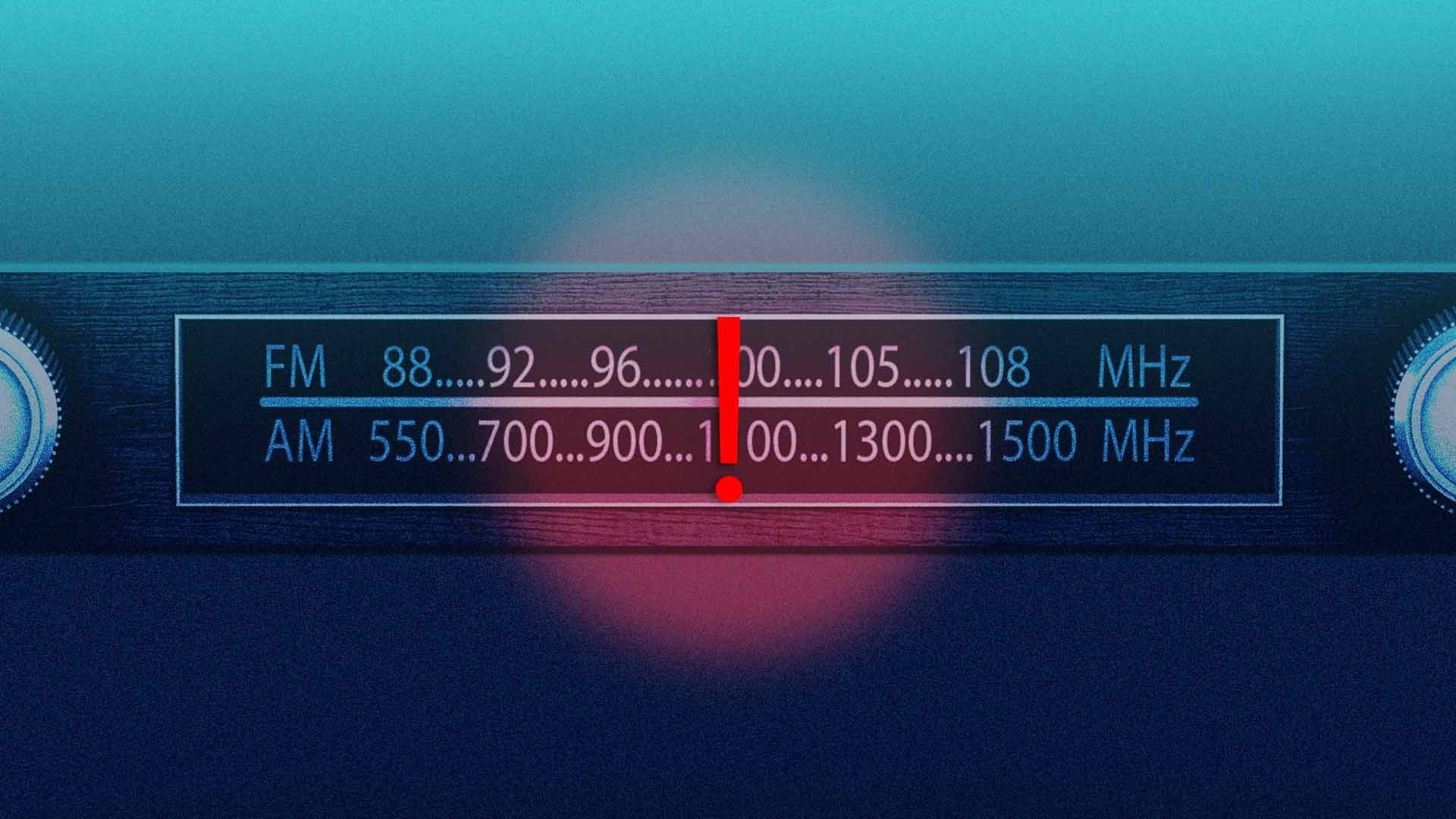 Illustration of an exclamation point over a radio dial