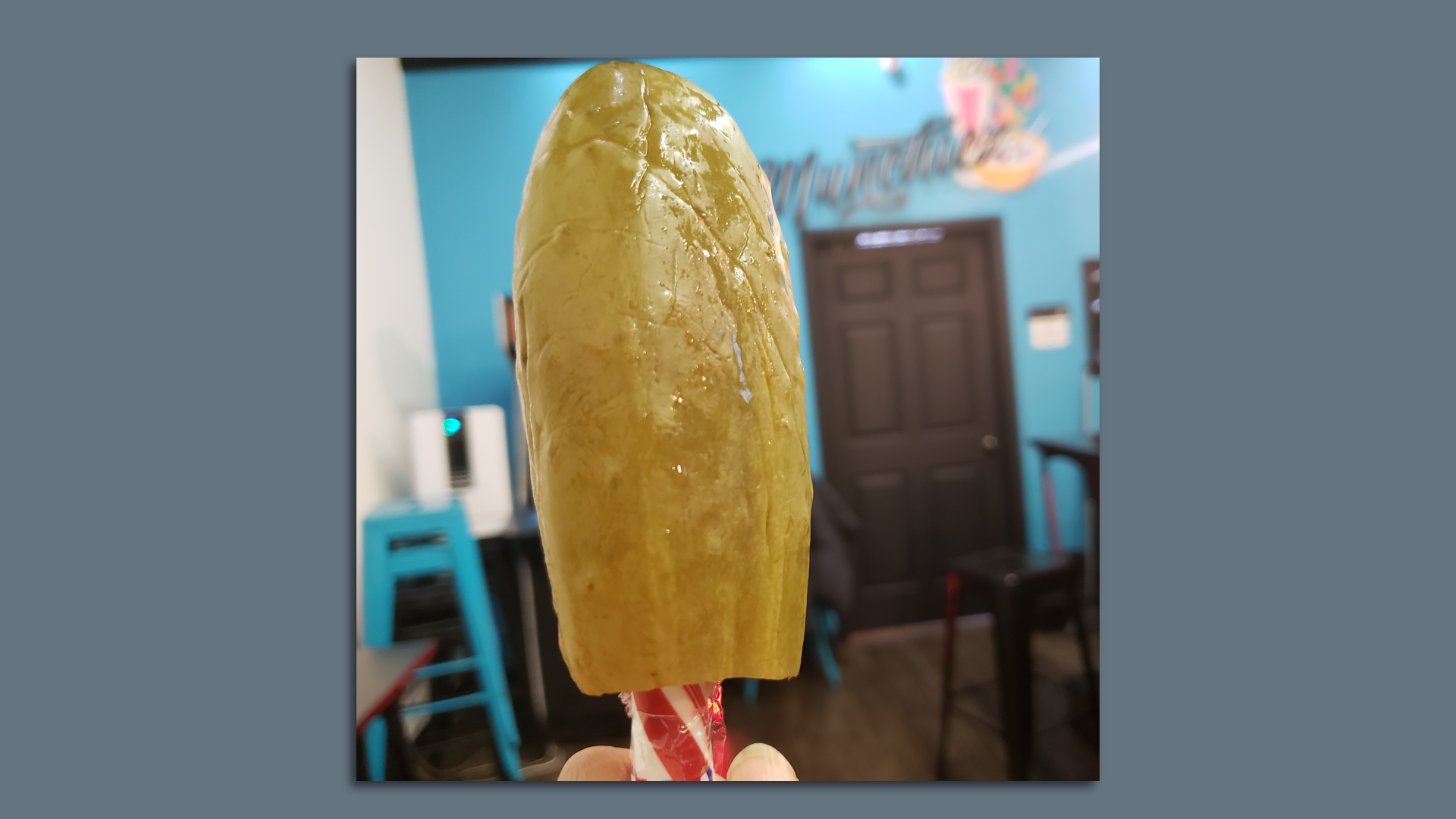 Pickle on a peppermint stick