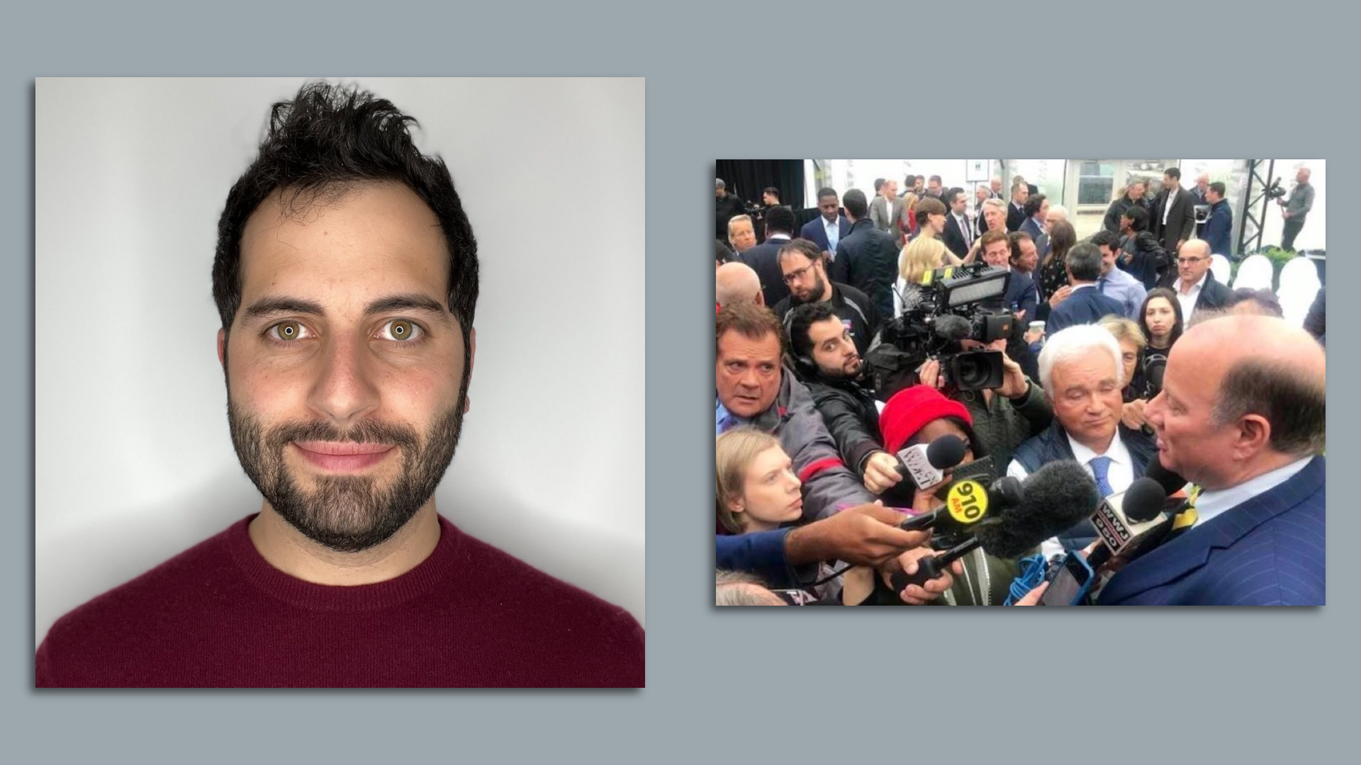A headshot of Eli Newman and a photo of him reporting from a scrum.