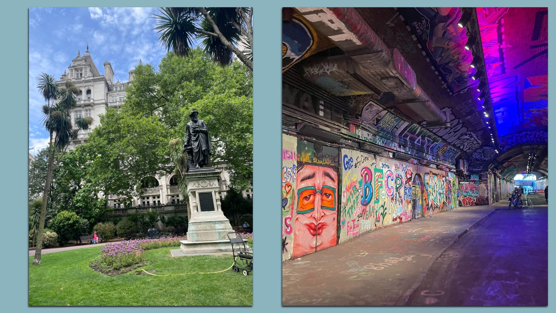 Two-panel image: left features a statue in a city garden with a grand historic building and tall trees; right features a graffiti-covered tunnel with colorful mural art and purple neon lighting.