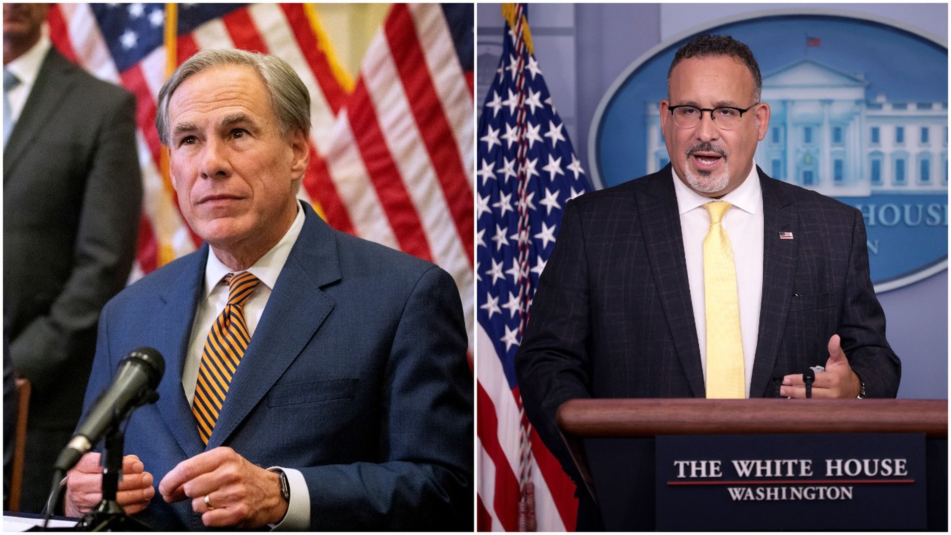 Photo of Greg Abbott sitting on the left and Miguel Cardona speaking from a podium on the right