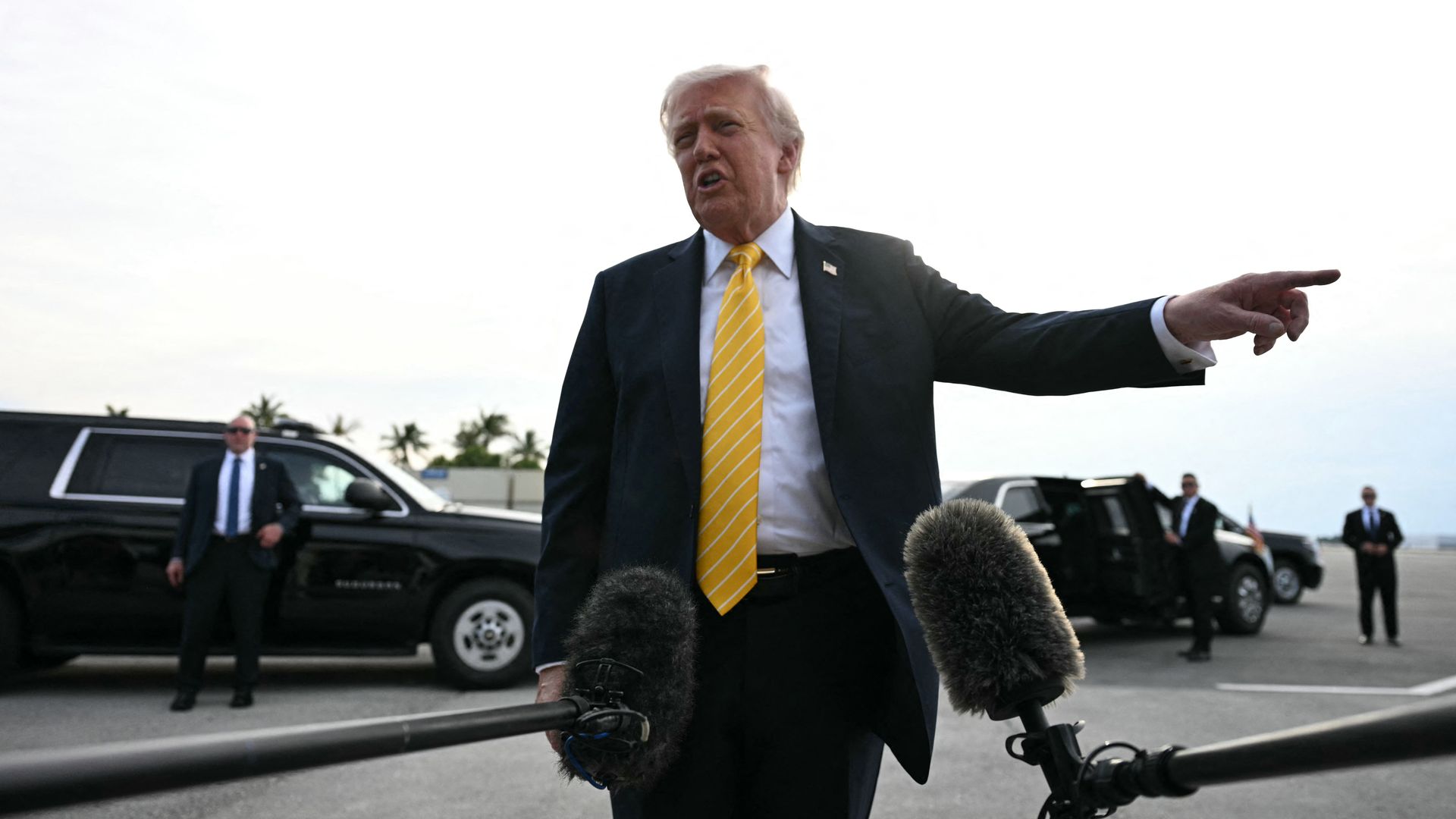 President Trump standing on an airport tarmac, with limousines behind him and microphones below and in front. 