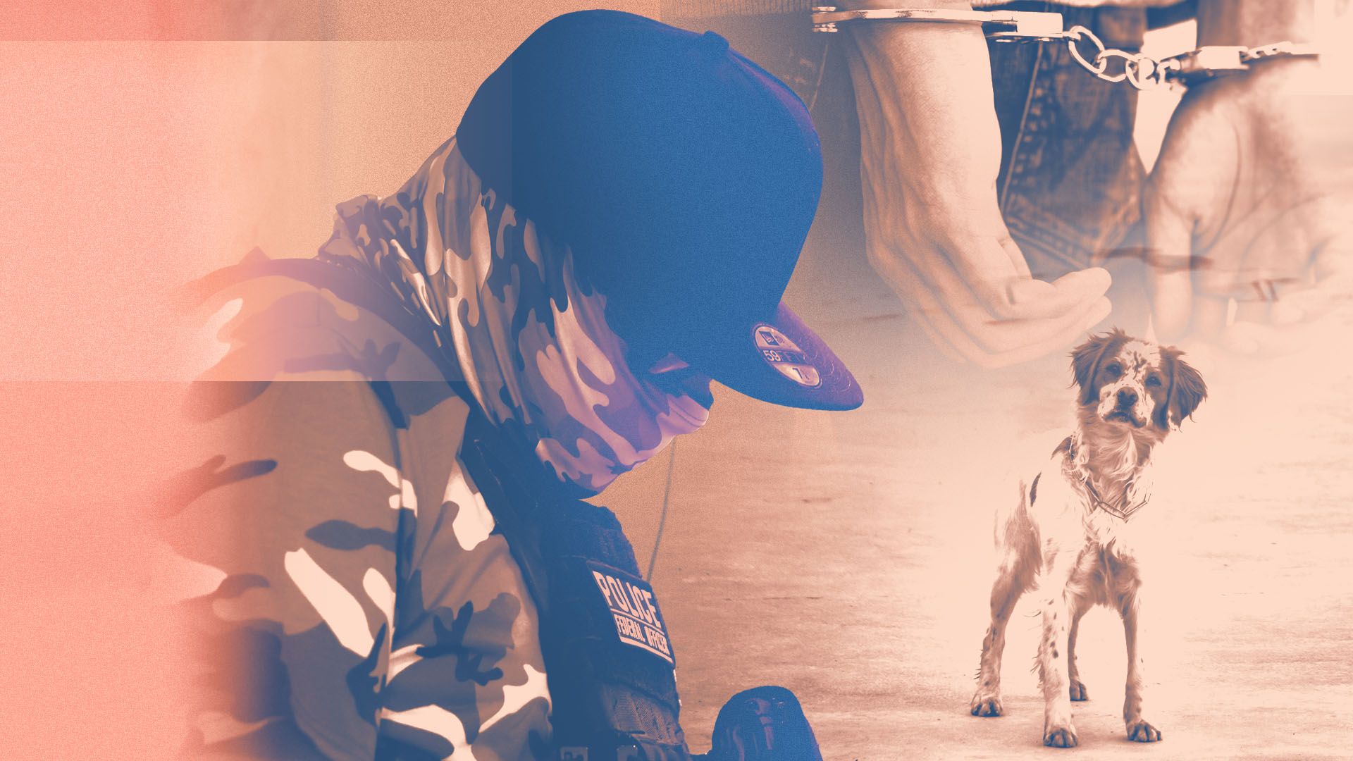 Photo illustration of an ICE agent, a small dog standing, and hands in handcuffs in the background.