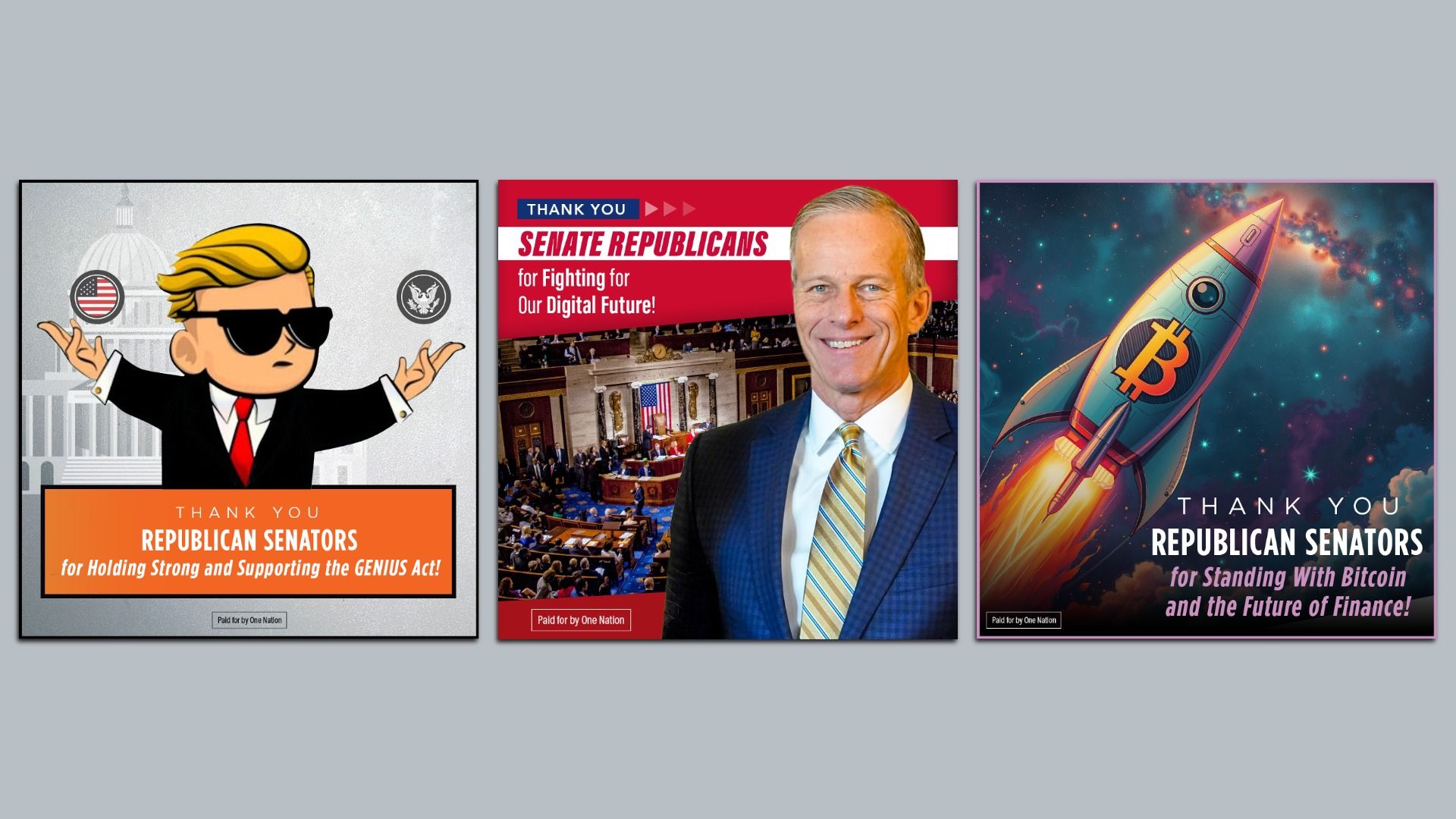Three ads shown on a gray background, all about Senate Republicans and crypto legislation.