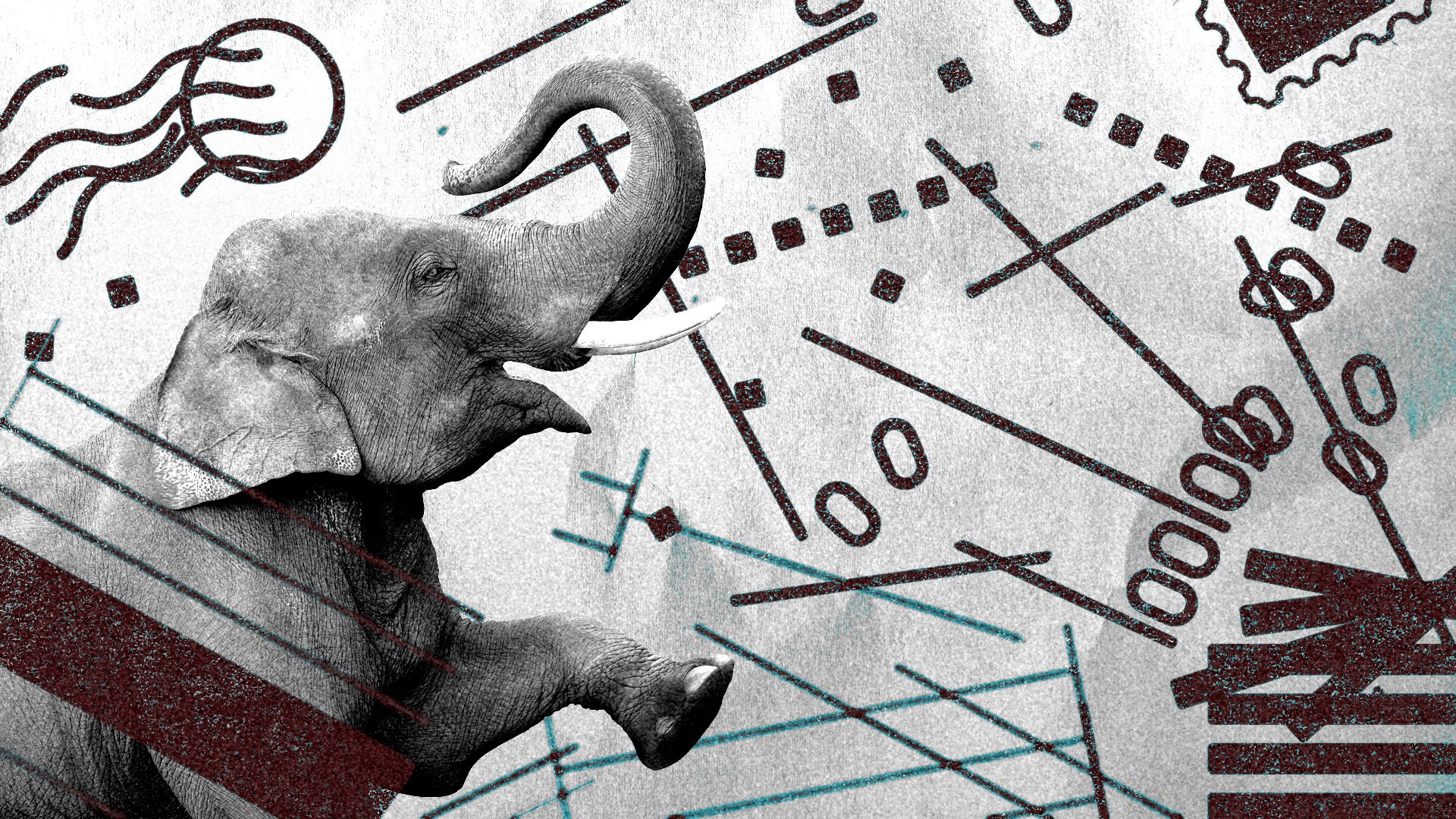 Illustration of an elephant rearing its head and toppling the printed elements of a paper ballot.