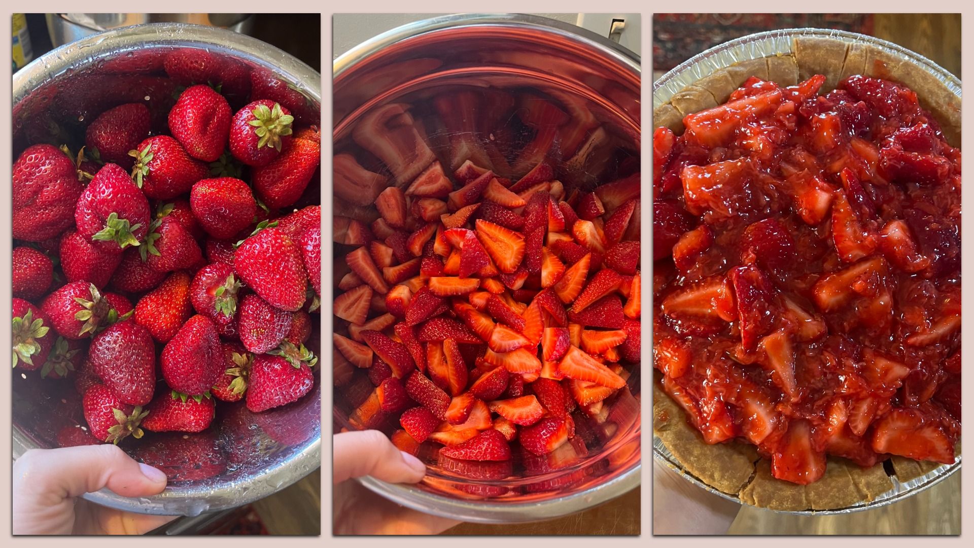 Three-panel image showing fresh strawberries in a metal bowl, sliced strawberries in the same bowl, and a close-up of a strawberry pie with glossy strawberry filling in a brown crust.