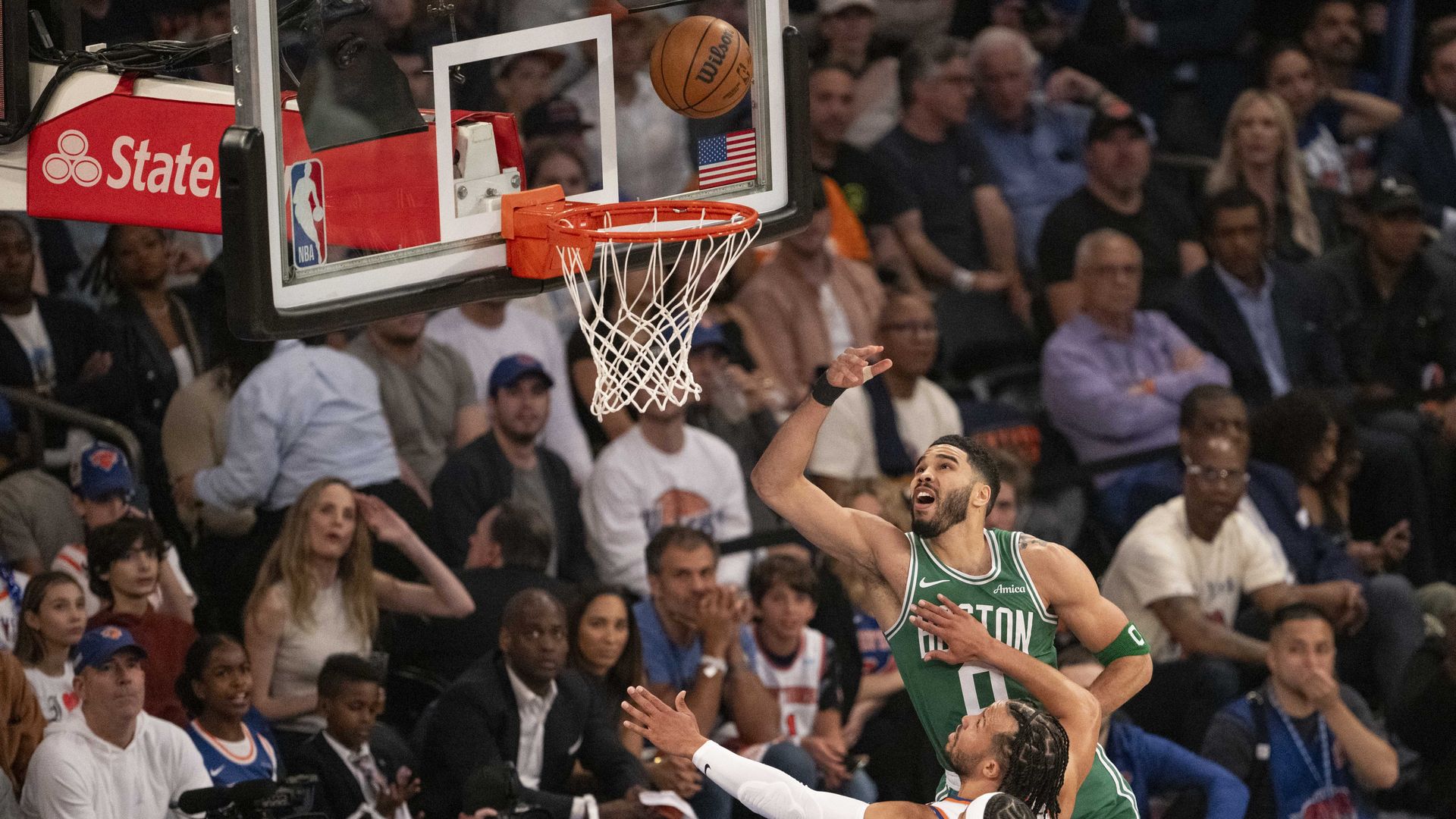 Boston Celtics Jayson Tatum (0) shoots the ball against the New York Knicks during game three of the second round for the 2025 NBA Playoffs at Madison Square Garden in New York City, May 10
