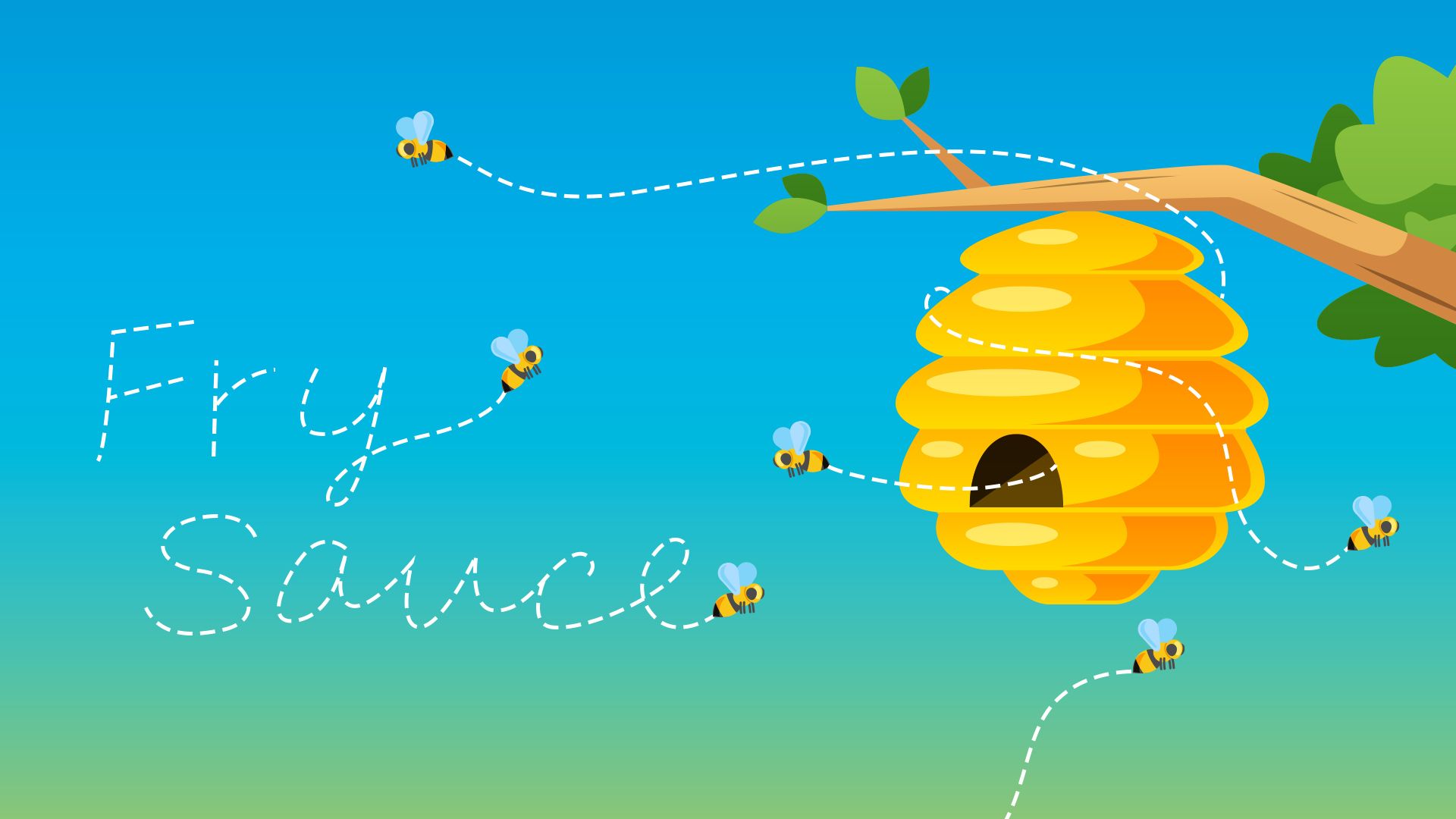 Illustration of bees flying around a beehive spelling out "Fry Sauce" with their fly pattern.