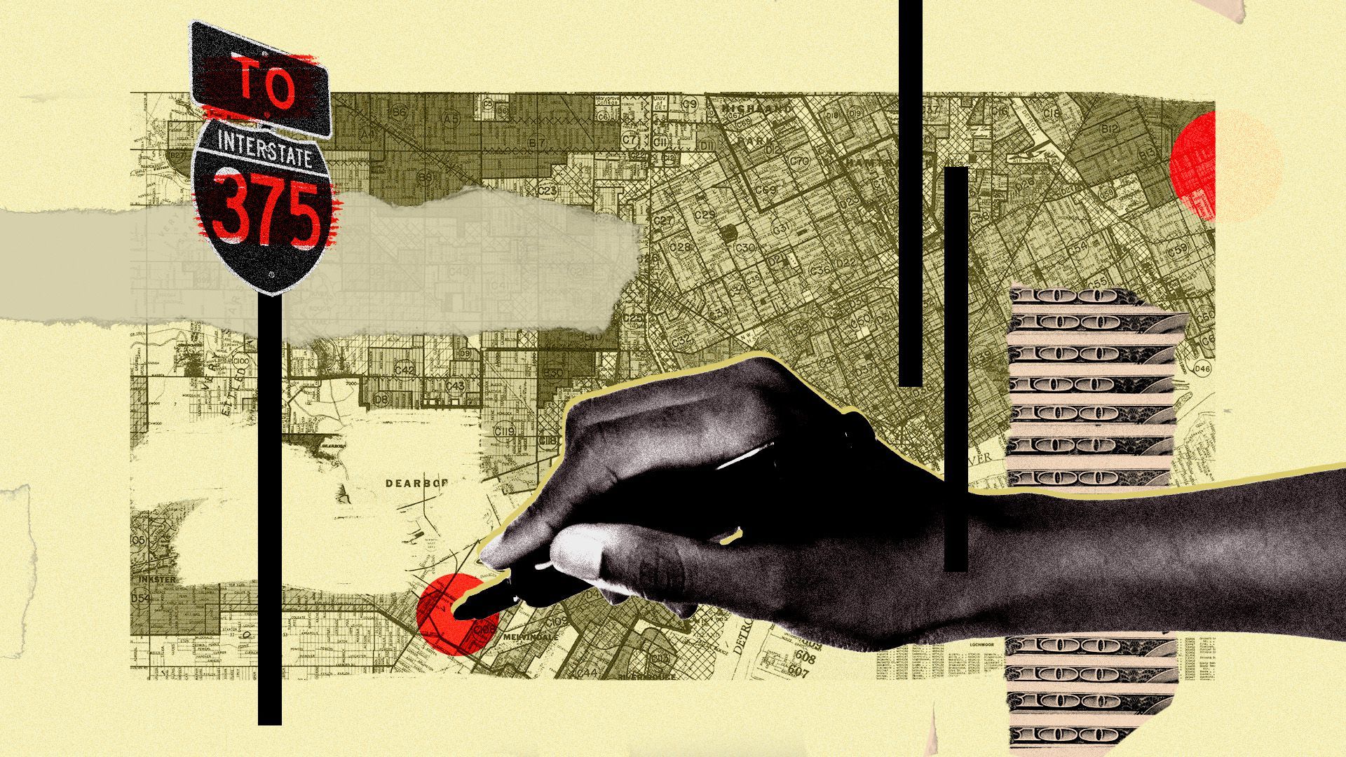 Photo illustration of an abstract collage of a Black hand holding a pen, a redlining map of Detroit and a sign for I-375. 