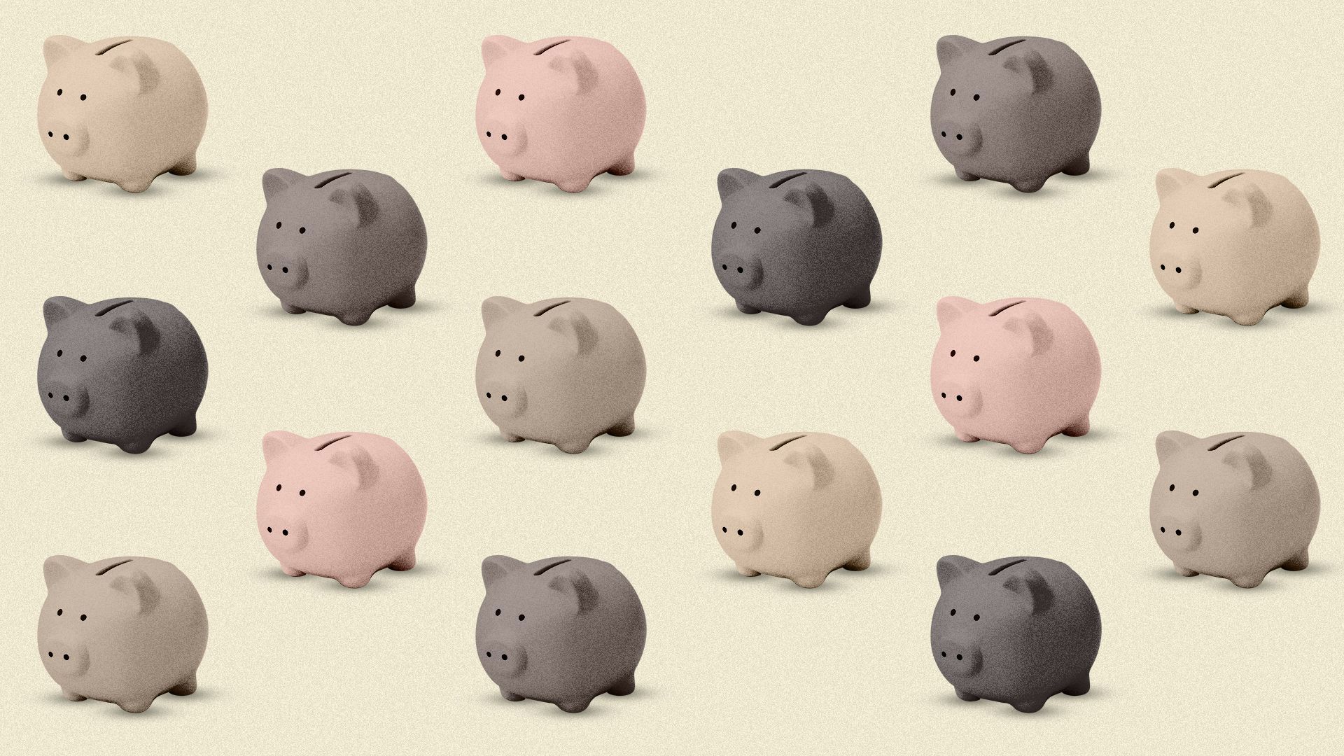 Illustration of a pattern of piggy banks in various shades of pink and brown.