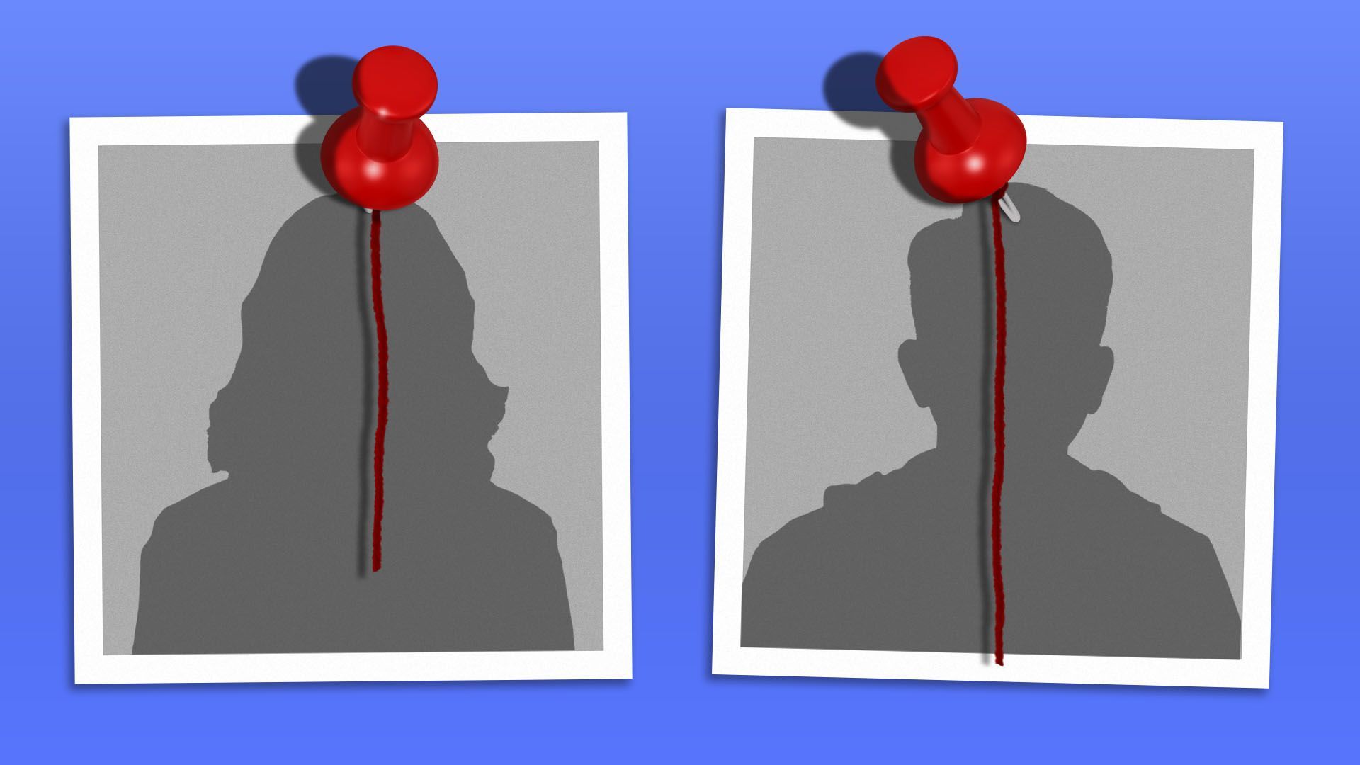 Illustration of two photographs of people in silhouette pinned to a wall with a broken string between them