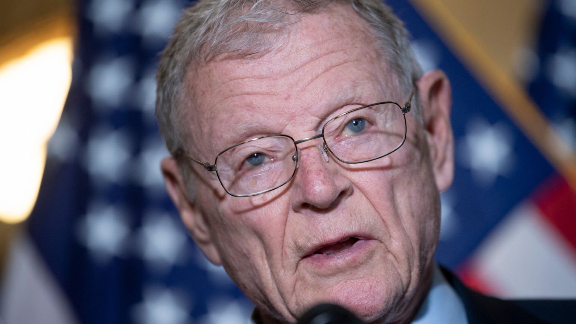 Armed Services Committee ranking member Senator Jim Inhofe speaks on Capitol Hill January 19, 2022, in Washington, DC
