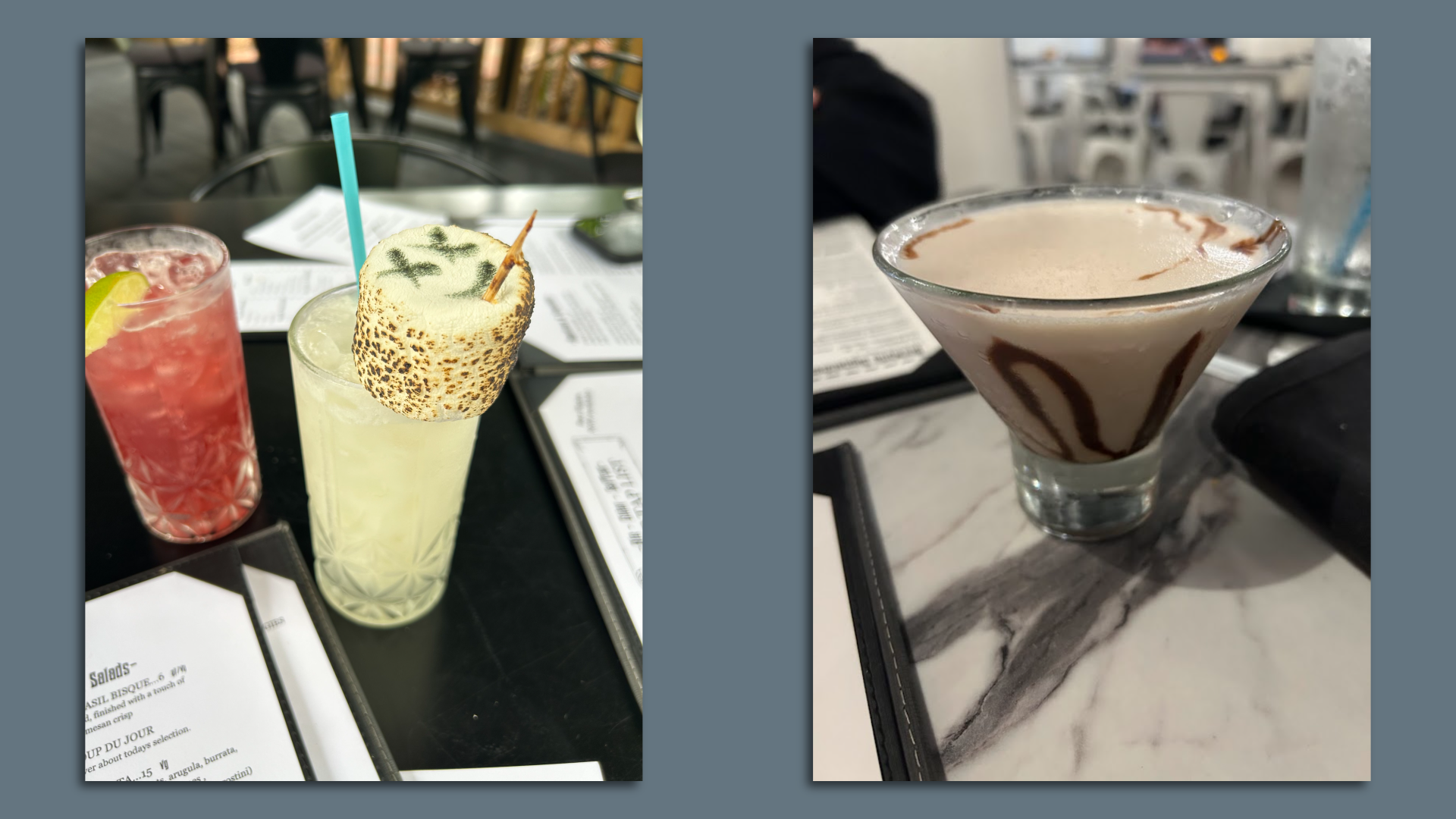 A yellow iced cocktail garnished with a marshmallow.