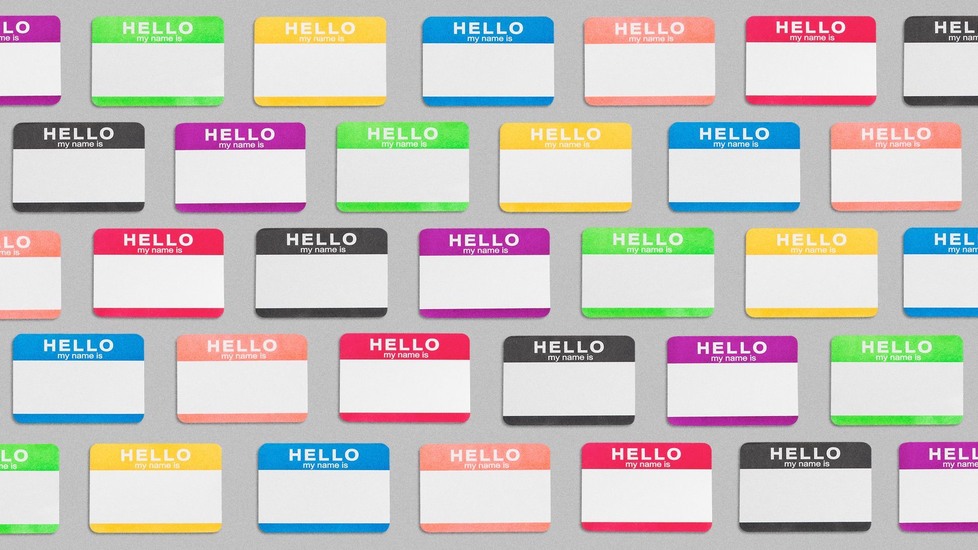 Illustration of a pattern of name tags in different colors.