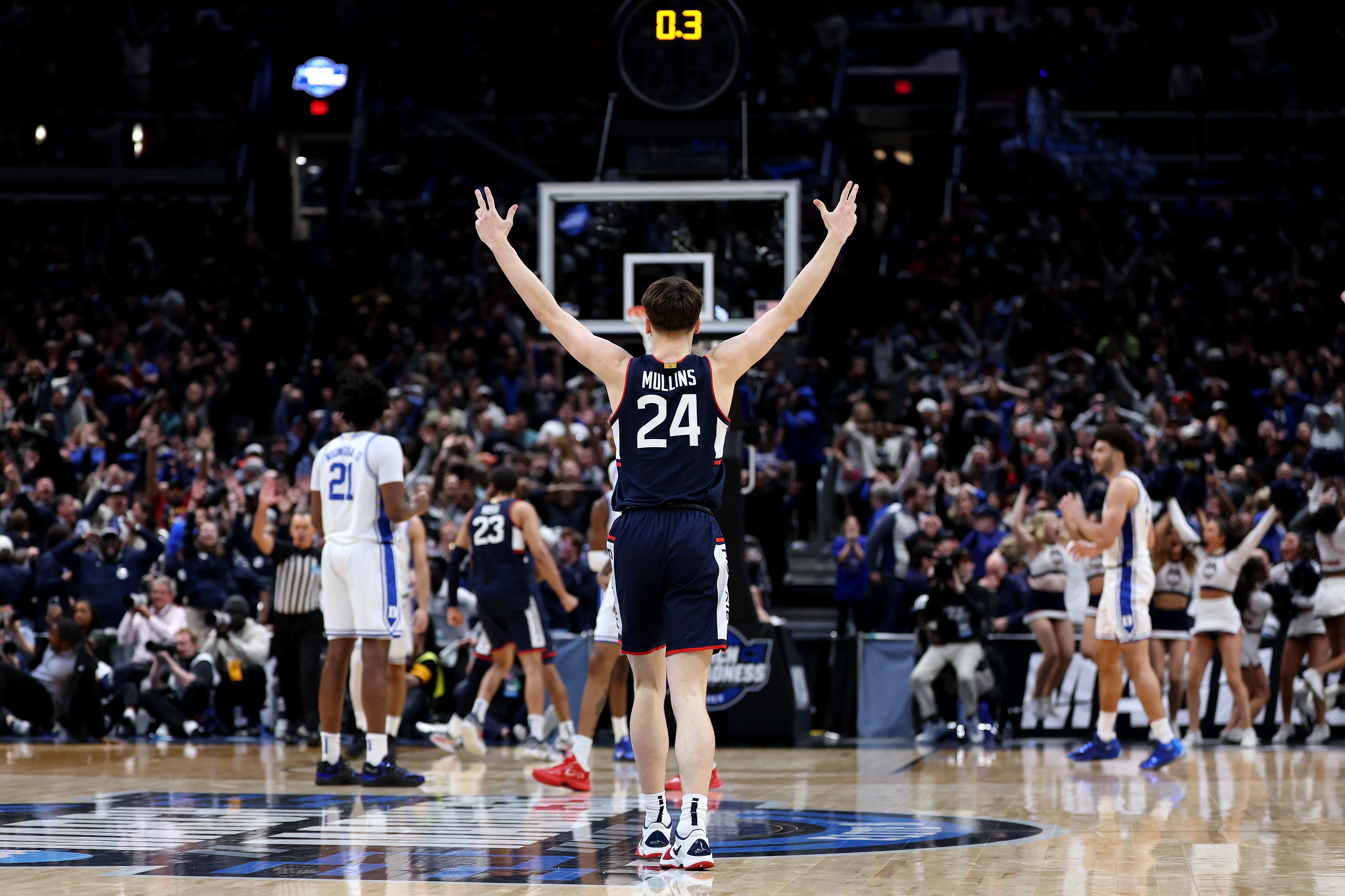 UConn's Braylon Mullins hits a game-winning three pointer with 0.4 seconds left to beat Duke and send the Huskies to the Final Four last night. 