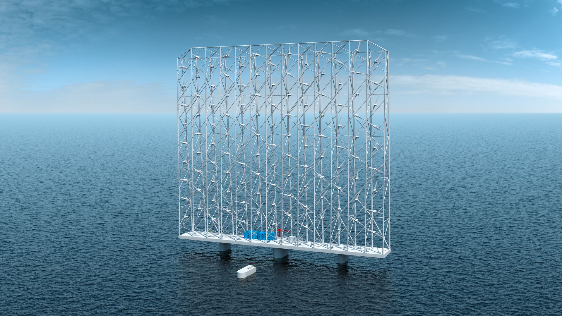 Image of a powerful floating wind turbine system in the ocean.