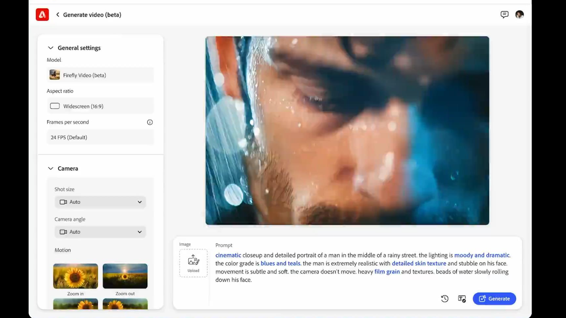 A screenshot of Adobe's Firefly Video Model in action