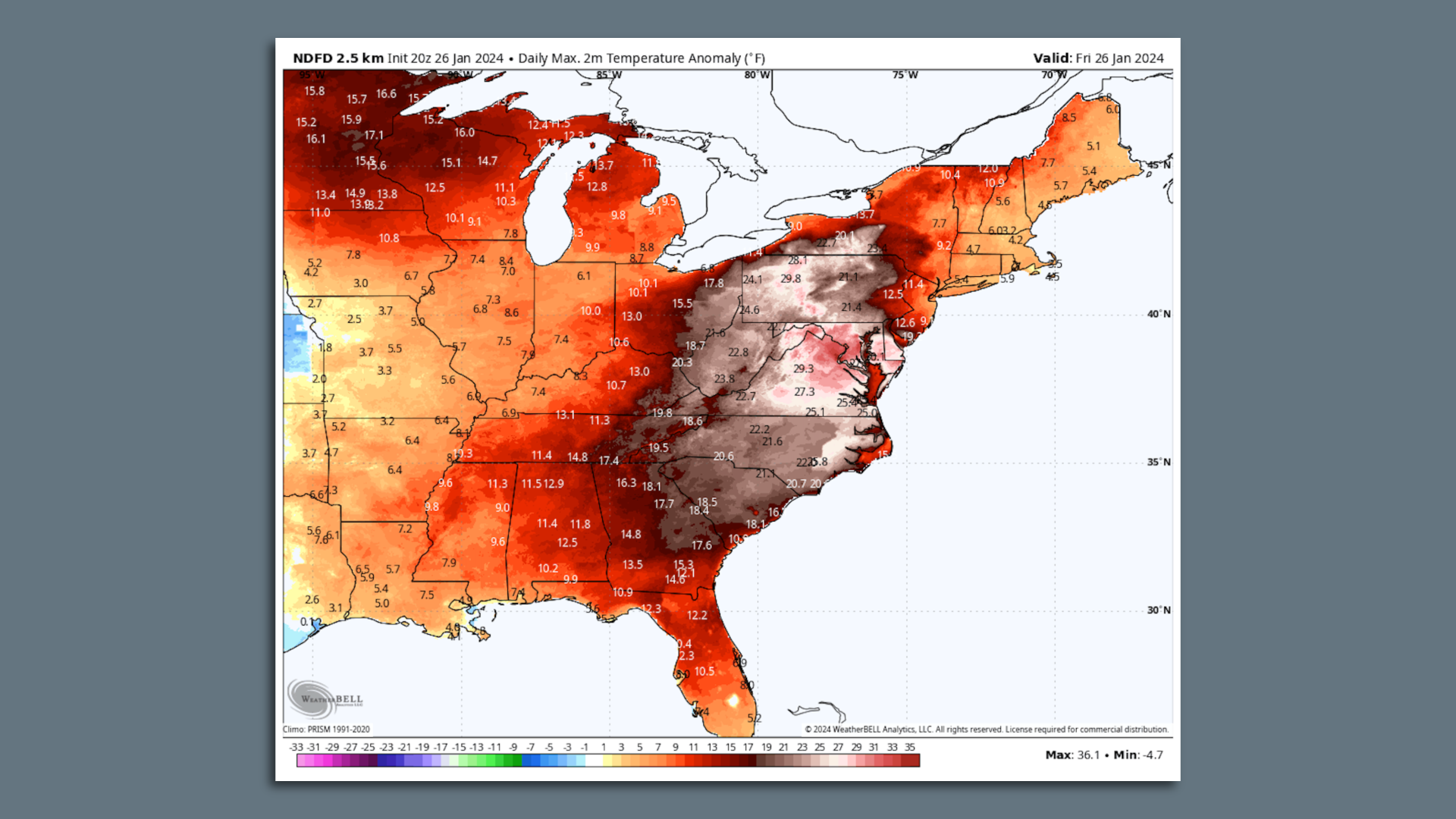 Map of temperature anomalies on Friday Jan 26.