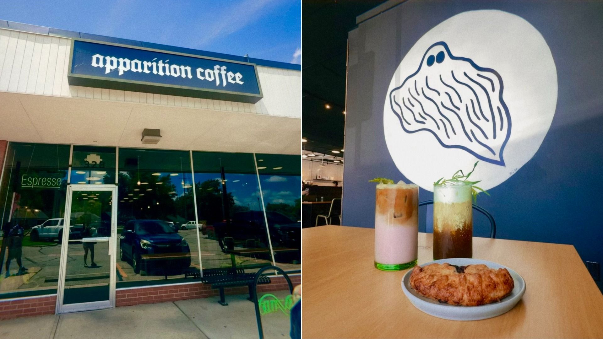Split image: left shows a cafe exterior with a blue sign reading apparition coffee and glass storefront; right shows a cafe interior wall mural—a white circle with a wavy ghost-like shape, plus two drinks and a pastry on a table.