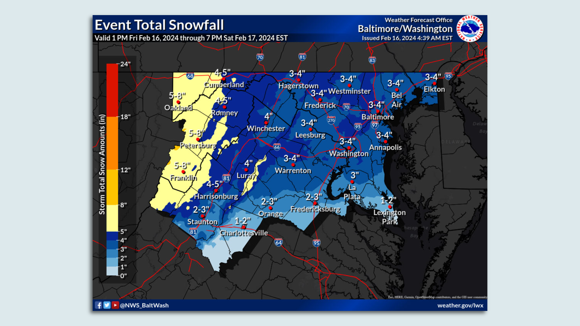A map of forecast snow totals showing 3-4 inches expected in D.C. 