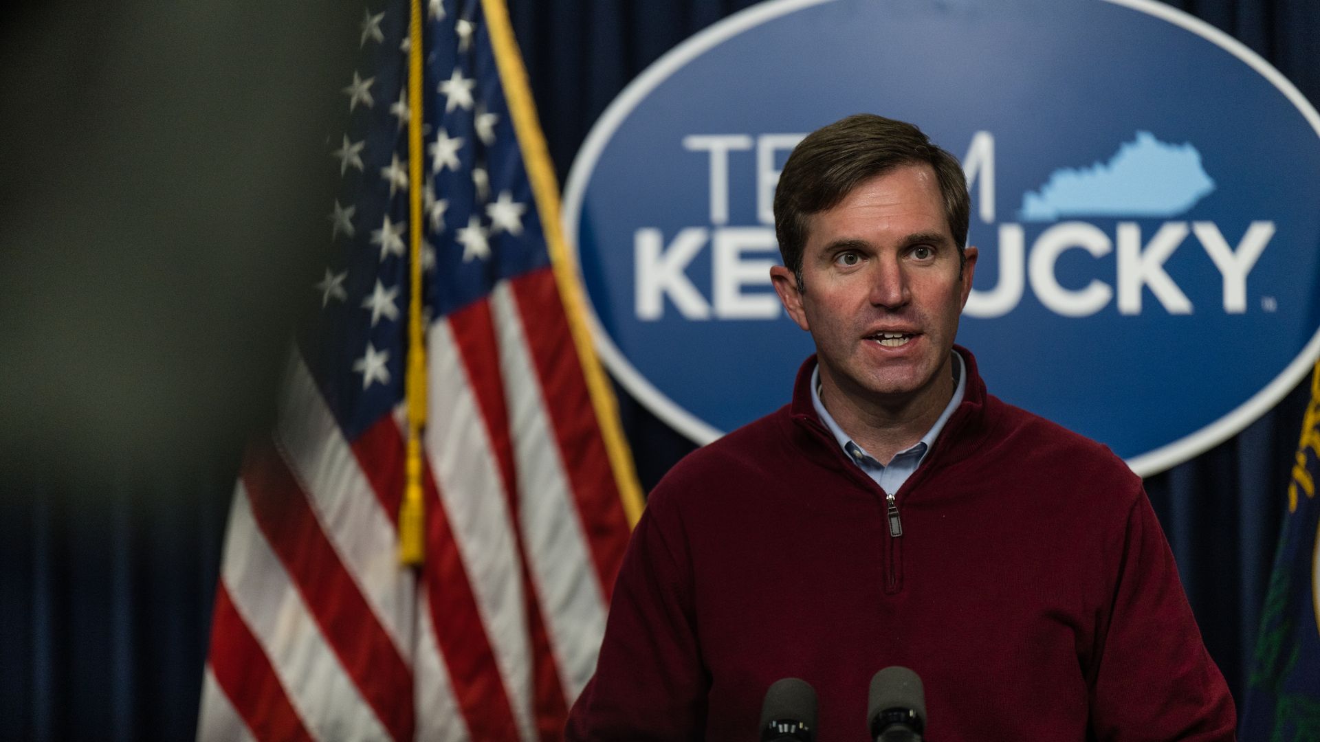 Andy Beshear, governor of Kentucky, speaks during a news conference in Frankfort, Kentucky, U.S., on Thursday, Jan. 27, 2022. 
