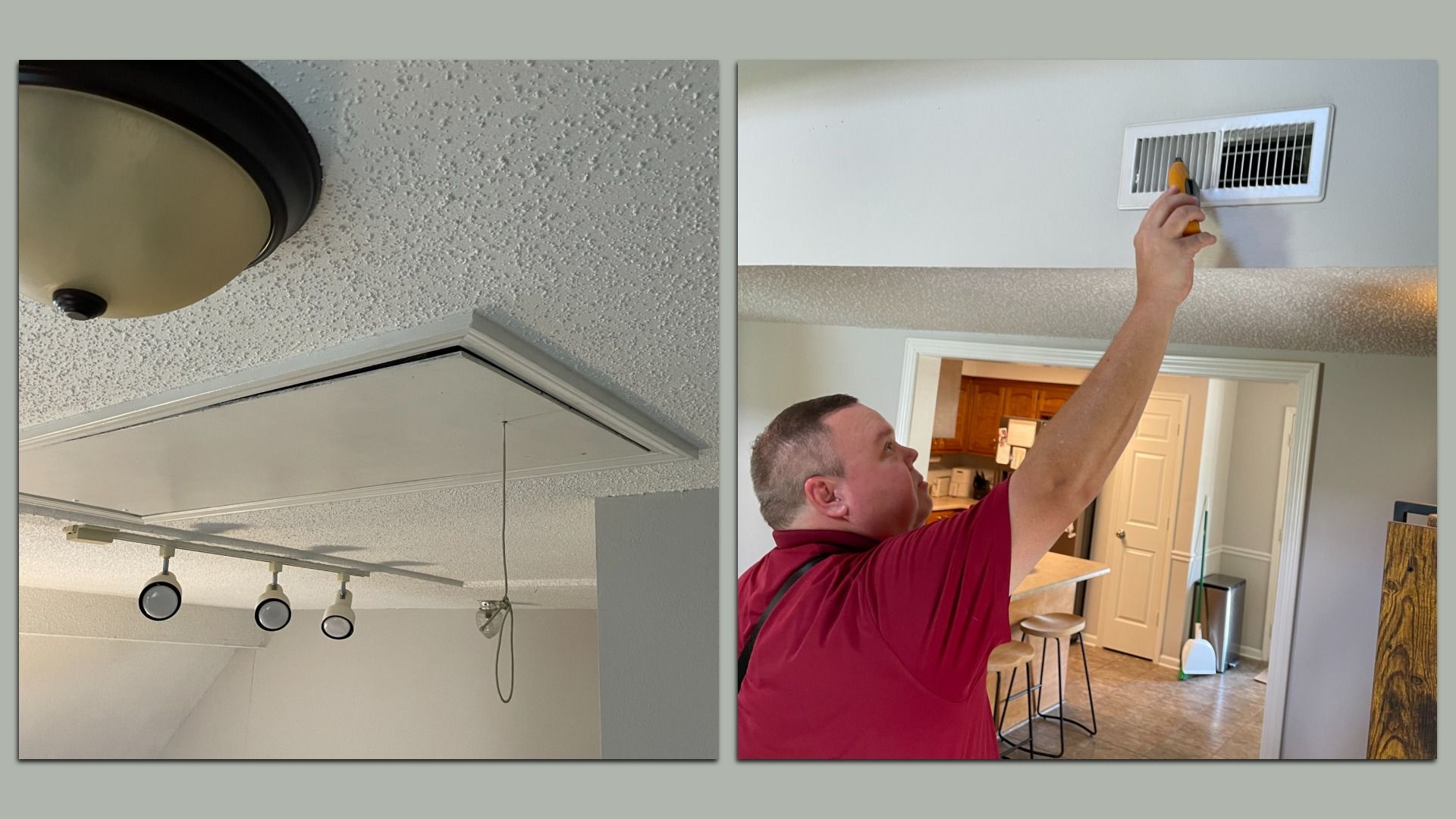 Split image: left shows a popcorn-textured ceiling with a beige round ceiling light; right shows a man in a red shirt reaching to a white ceiling vent with an orange tool in a kitchen area.